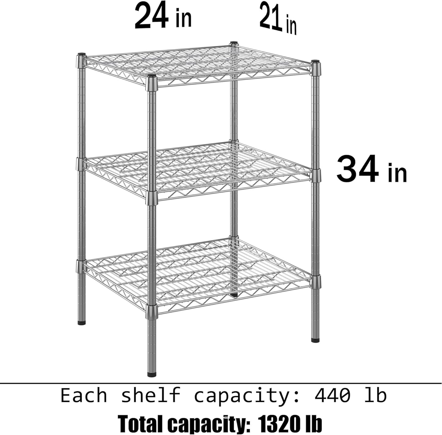 21" Deep x 24" Wide x 34" Height Wire Shelving Kit | 3-Tier | NSF Commercial Storage Rack Unit