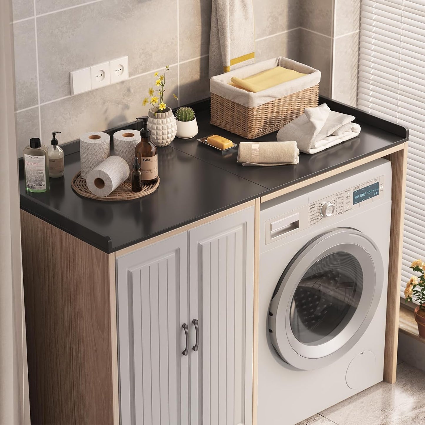 Washer Dryer Countertop, Foldable Laundry Countertop with Edge Rails - 27.5" x 54" Melamine Finish for Laundry Room Organization (Black)