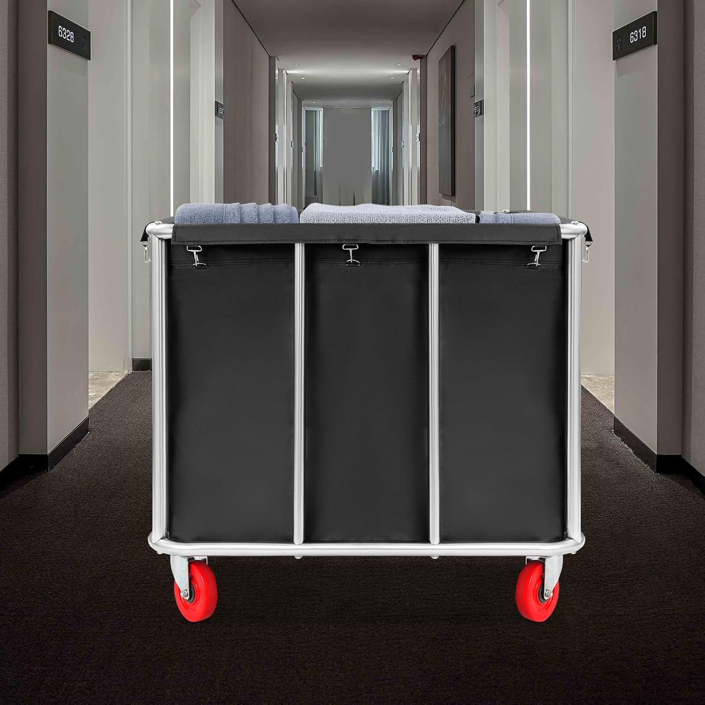 Commercial Laundry Cart with Wheels,Laundry Hamper Cart,Heavy Duty Rolling Basket with Large Capacity,Sorter Trolley for Home Hotel Apartment (Black, 35.43 * 25.6 * 31.5in)