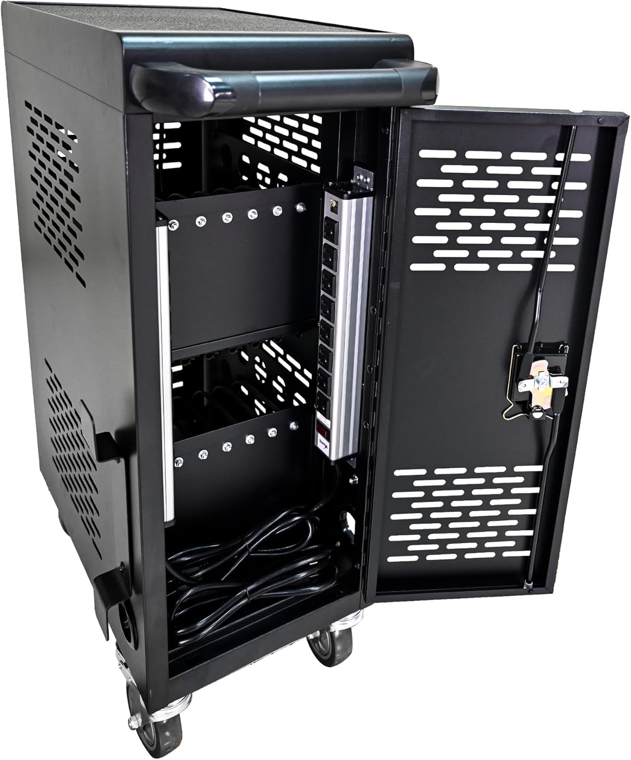 Laptop Charging Cart, 16 Device Tablet Storage Carts for iPad Up to 16.3" Screen Size, Mobile Charging Station for Classroom, with Cord Organizer, Front and Back Access Locking Cabinet Black