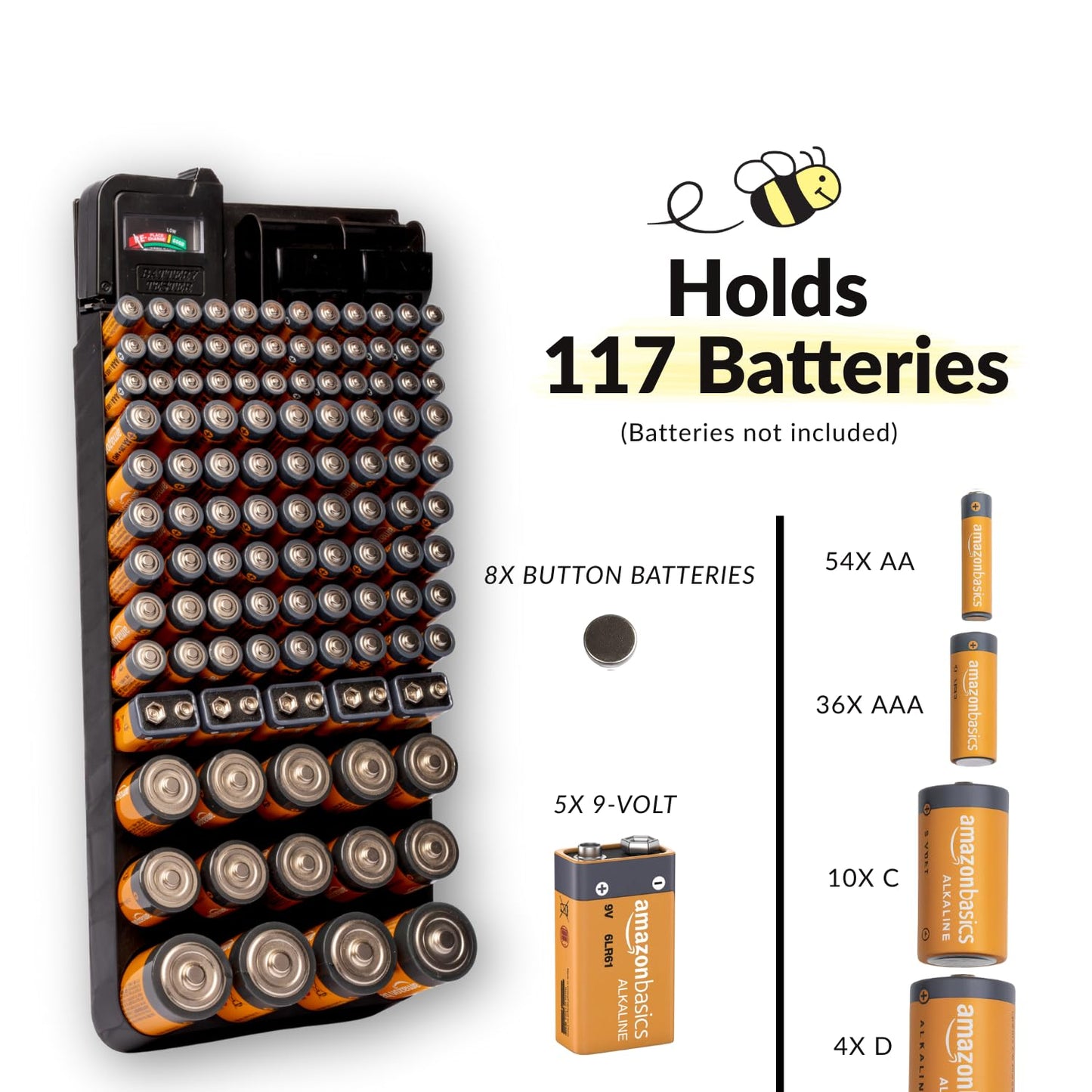 Bee Neat Battery Organizer and Storage Case with Tester - Battery Storage Box for Wall or Drawer - New & Improved Slanted Slot Design - Max. 117 Batteries AA, AAA, 9Volt, C, D & Button Batteries