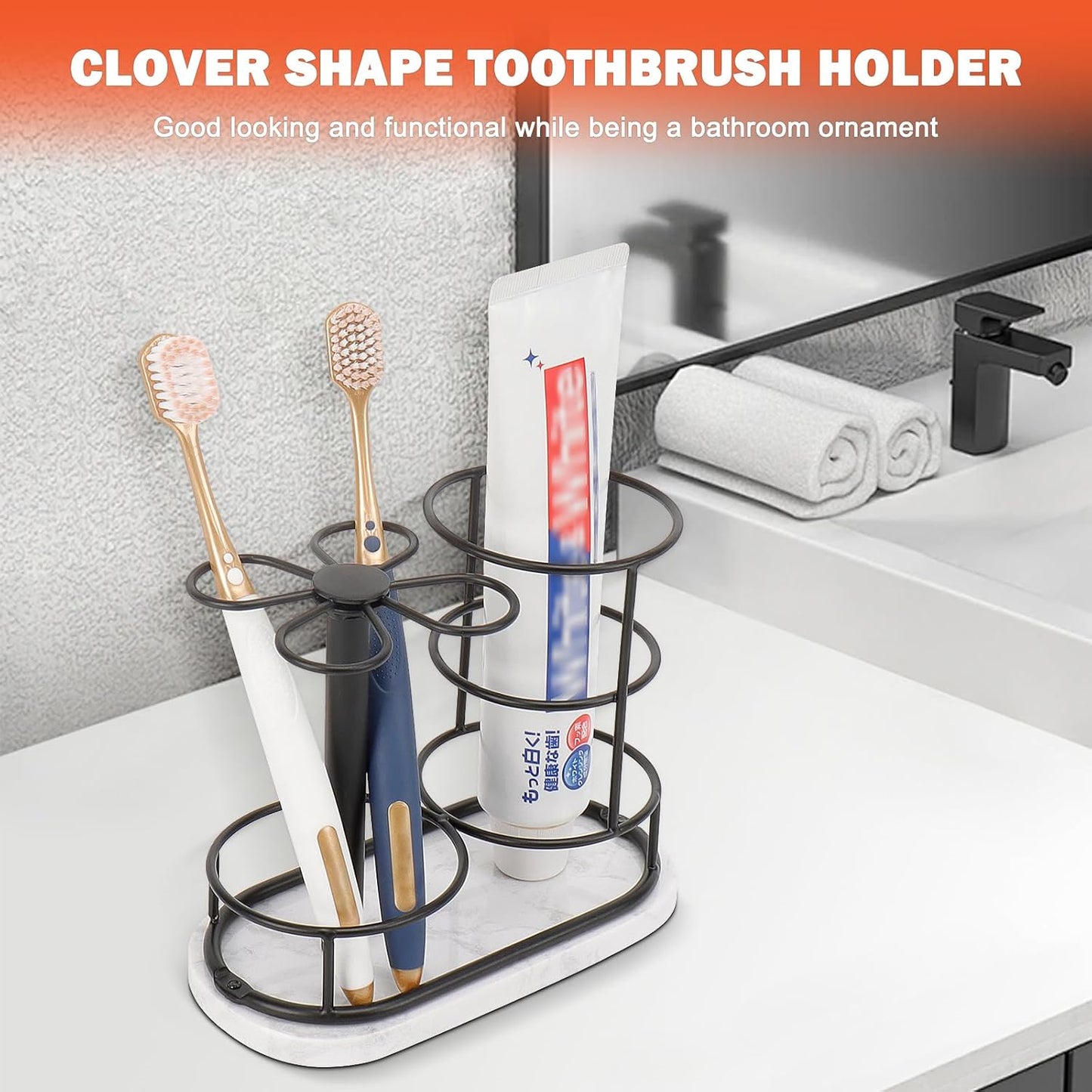 HarJue Toothbrush Holder Stand for Bathroom, Metal Toothbrush Organizer with Marble Base, Toothbrush Storage Collection for Family, Suitable for Home Hotel Countertop Vanity (Medium, Matte Black)