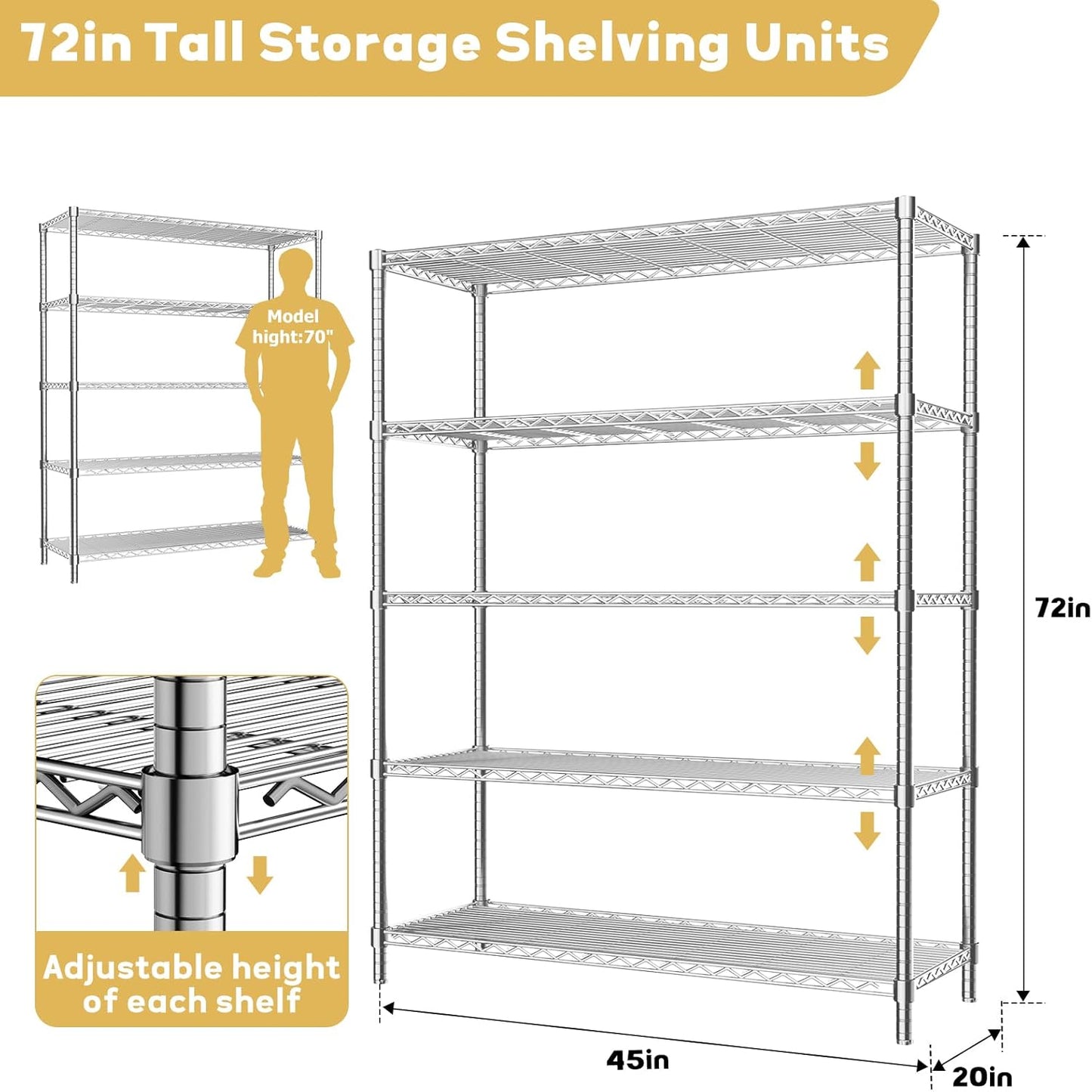 Storage Shelves Heavy Duty, 45" W x 20" D x 72" H Garage Wire Shelving Unit Loads 2000LBS, 5-Tier Adjustable Metal Industrial Utility Shelf Rack for Kitchen, Laundry Room, Pantry, Warehouse, Basement