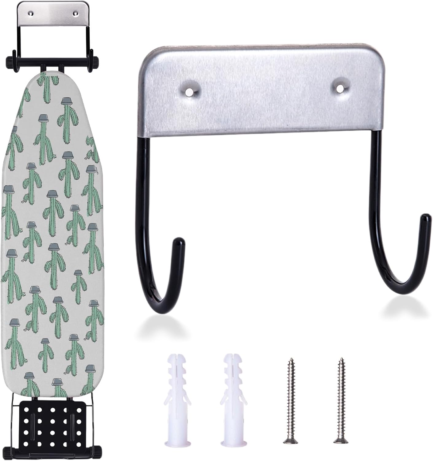 Ironing Board Hanger Wall Mount, Ironing Board Holder for Y or T Shaped,Stainless Steel Wall Hook Iron Board Holder for Laundry Rooms with 2 Hooks (Black)