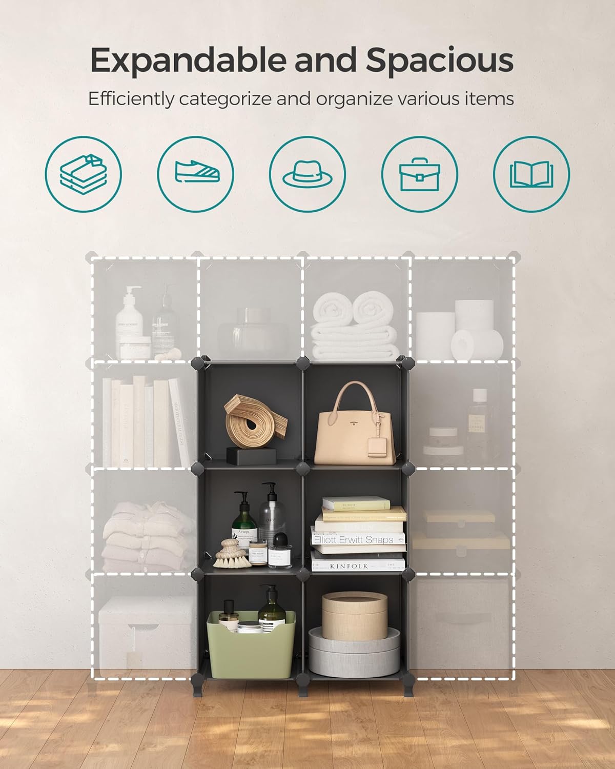 SONGMICS 6 Cube Storage Organizer, Modular Bookshelf, DIY Closet Organizers and Storage, Plastic Stackable Shelves, 11.8 x 11.8 x 11.8 Inch Cubes, with Feet and Rubber Mallet, Black ULPC06H