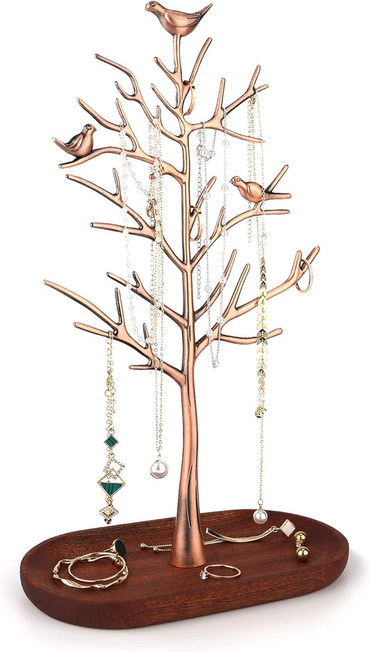 MORE&LESS Branch Jewelry Rack with wood tray,Retro color,Tree Tower Rack Hanging Organizer for Ring Earrings Necklace Bracelet,Suitable for living rooms, bathrooms,offices,etc.