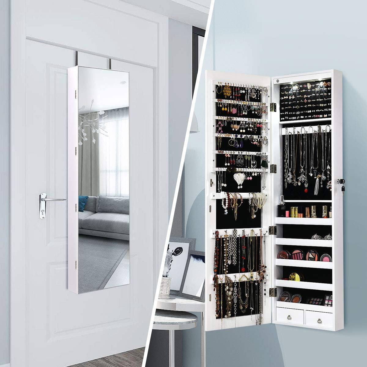 Giantex Wall Door Mounted Jewelry Armoire Cabinet with 47.5" Full Length Mirror, 2 LEDs Lockable Jewelry Organizers and Storage with 2 Drawers, Over the Door Jewelry Organizer Cabinet (White)