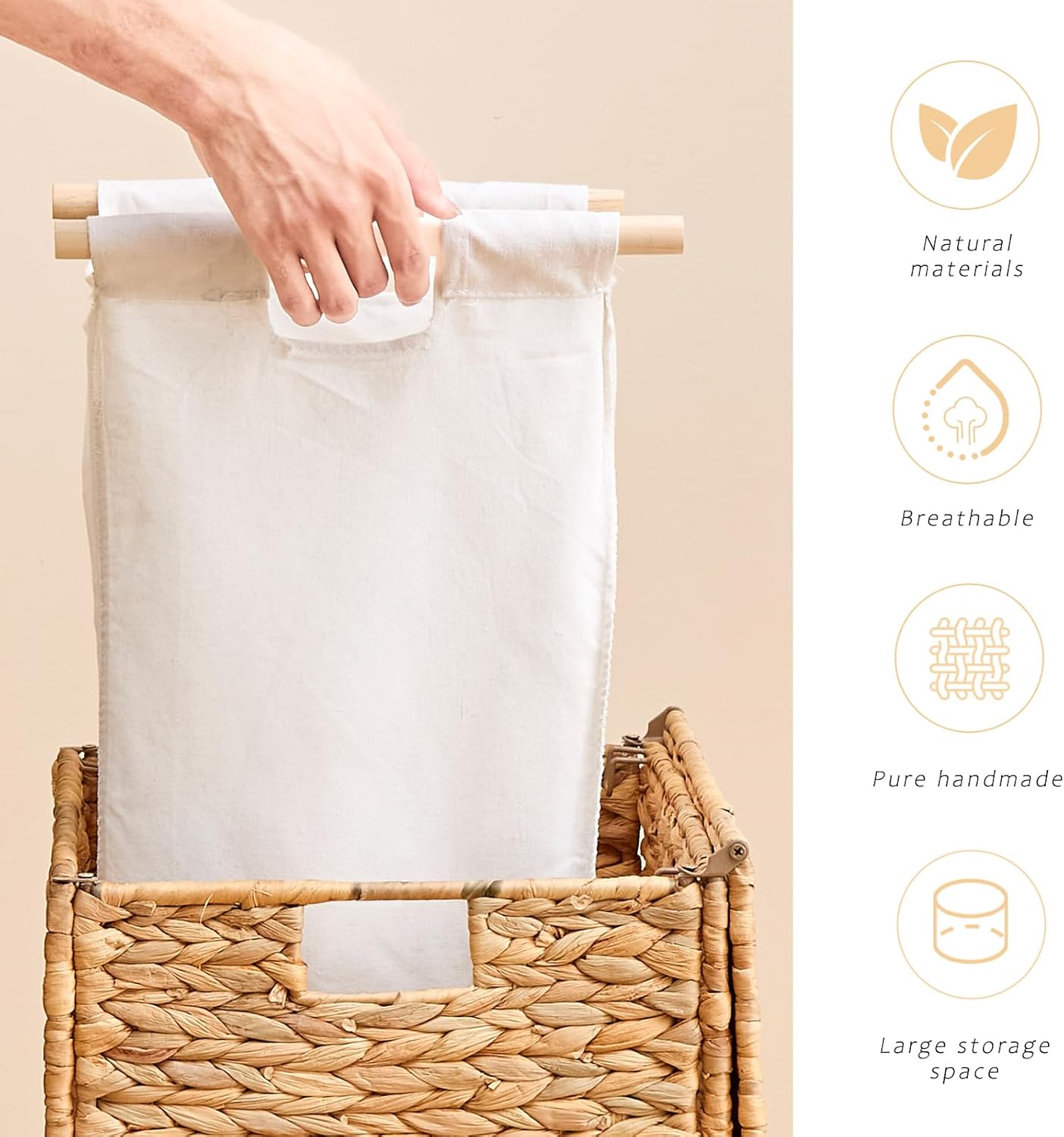 Large Laundry Hamper with Lid, Handwoven Hyacinth Rattan Clothes Hamper with Removable Liner Bag, Heightened Feet Wicker Laundry Basket for Bathroom, Bedroom, Living Room and Laundry