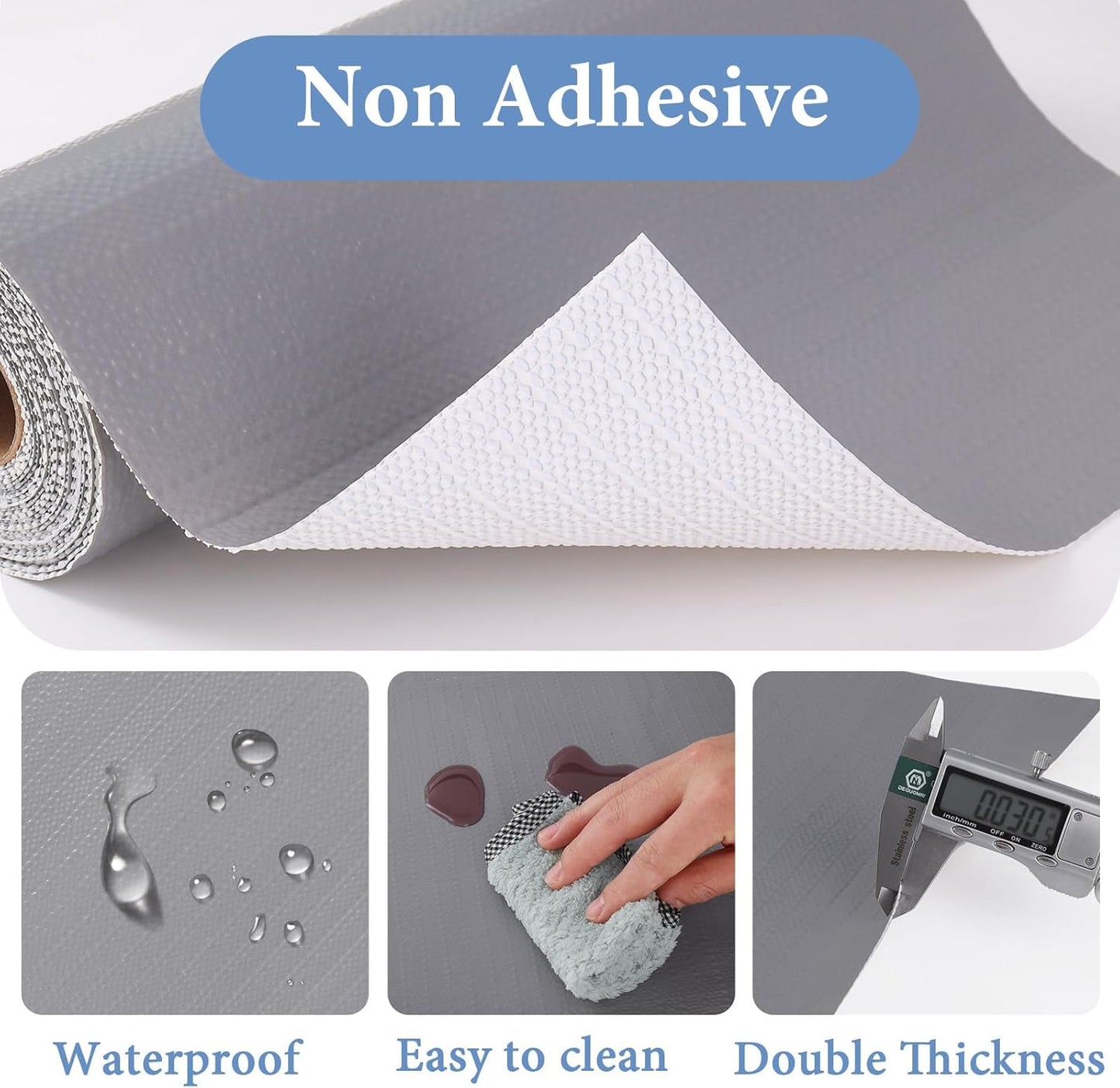 Shelf Liners for Kitchen Cabinets Non Adhesive Drawer Liner 17in x 30FT Pure Grey Thickened Shelf Liner Strong Non-Slip Easy to Clean for Tool Box Refrigerator with Knife and Tape Measure