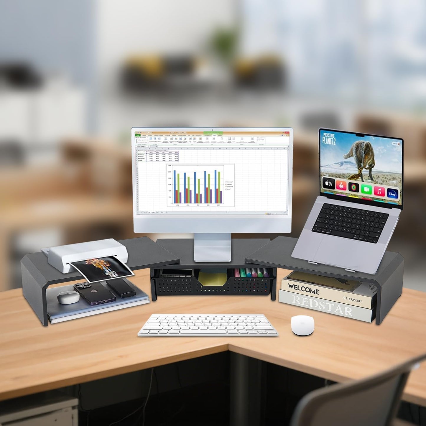 Dual Monitor Stand Riser with Drawer, Computer Stand for Desk, Workspace Desktop Stand, Desk Organizer for Computer, Laptop, TV and More (Black)