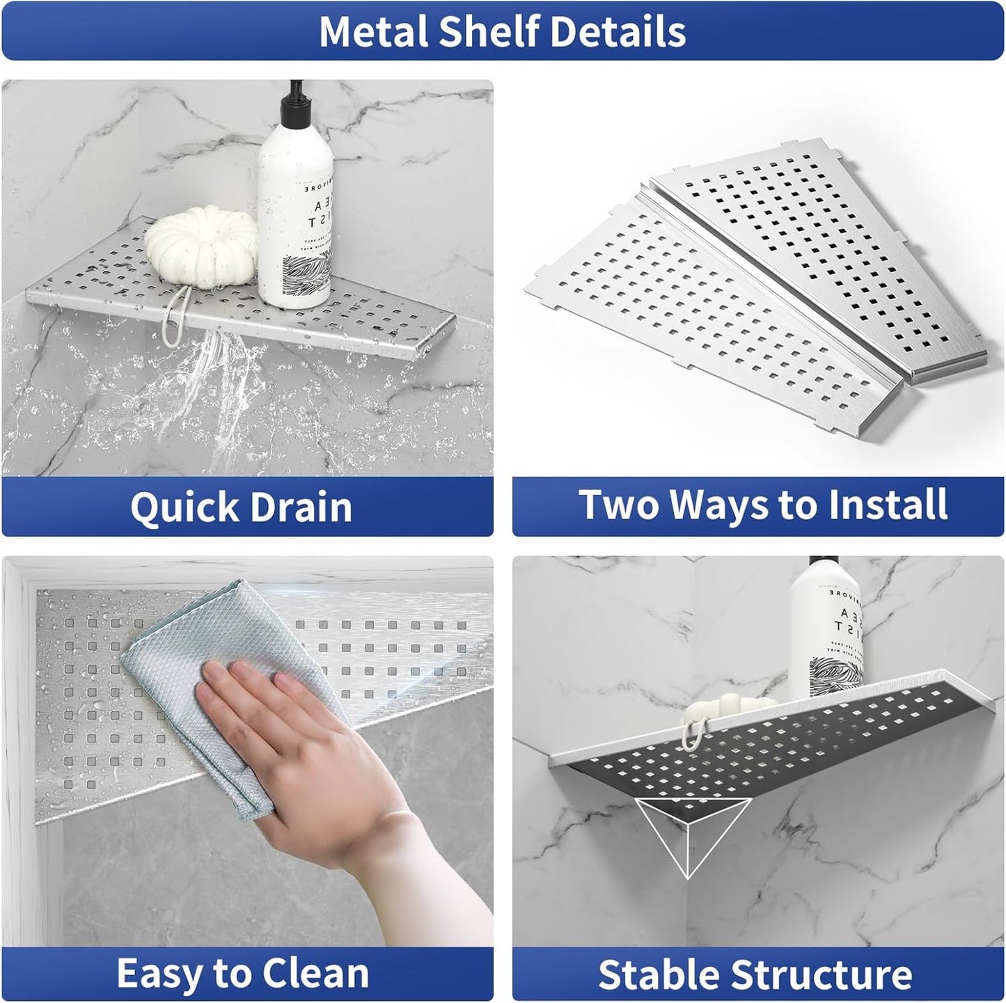 Corner Shower Shelf, 12" Trapezoid Grout in Shelf, 304 Stainless Steel Grid Design Recessed Bathroom Shelf for Tiled Wall