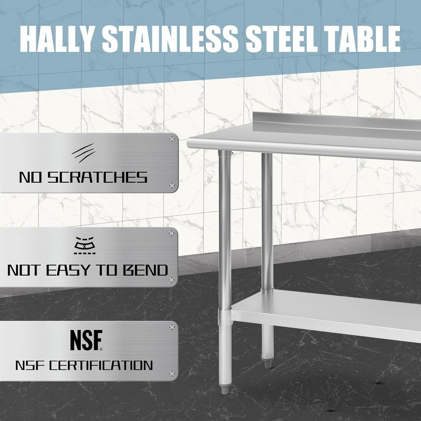 Hally Stainless Steel Table for Prep & Work 18 x 48 Inches, NSF Commercial Heavy Duty Table with Undershelf and Backsplash for Restaurant, Home and Hotel