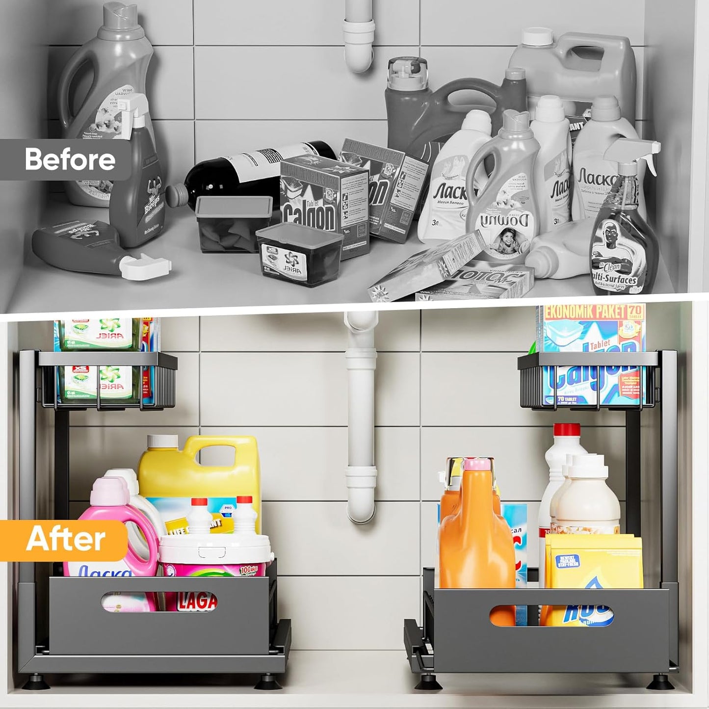 2 Pack Under Sink Organizer Storage 2-Tier Premium Metal Pull-Out Racks, Height Adjustable, Easy Installation | Kitchen & Bathroom Organizers