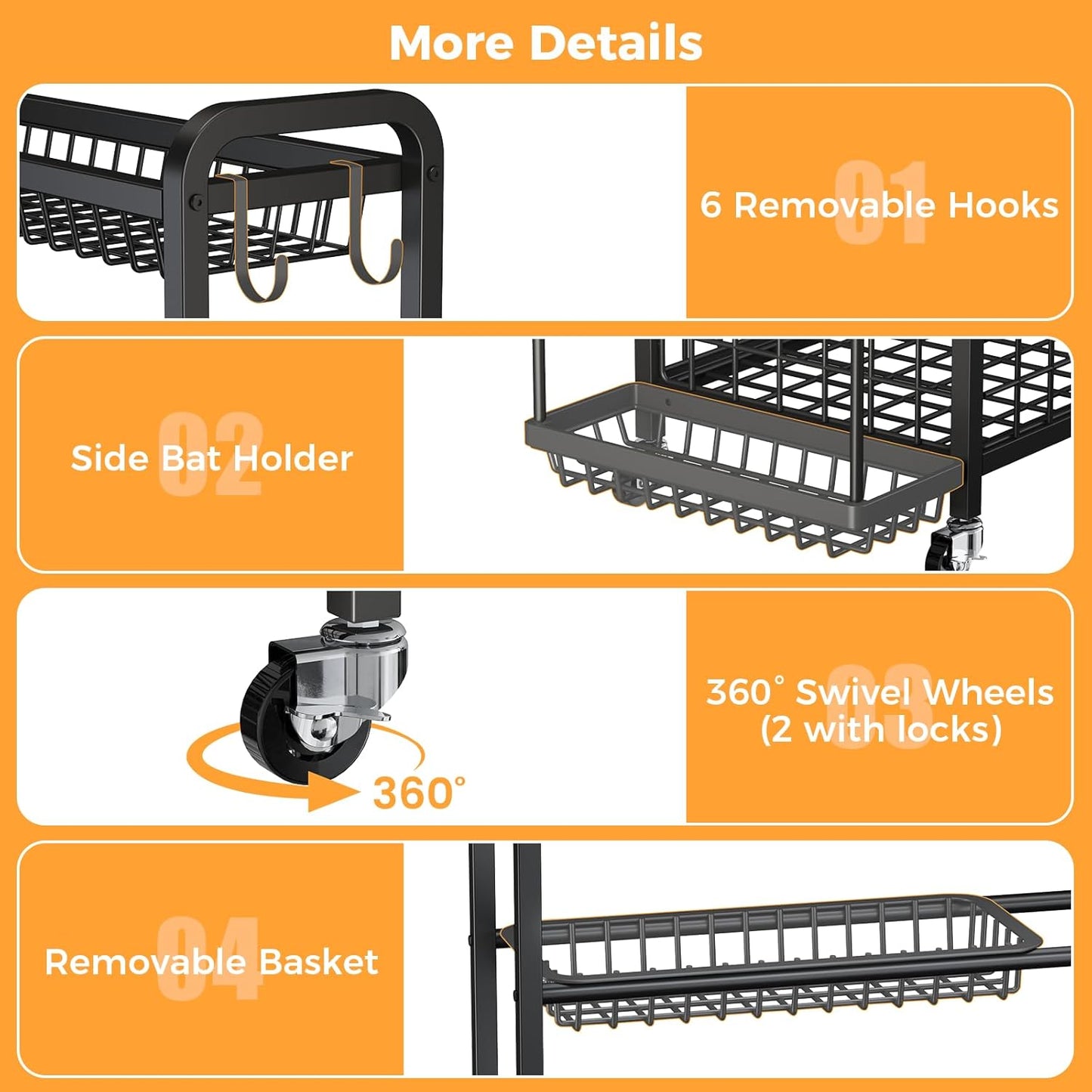 VOPEAK Oversized Sports Equipment Organizer, 4 Layers Rolling Ball Storage Rack for Garage Storage with Wheels Removable Hooks and Baskets Large Capacity Black Ball Holder for Toy Sports Gear Storage