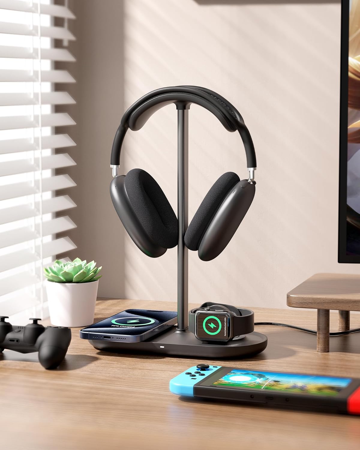 HiWe Universal Headphone Stand, Magnetic Wireless Charger for iPhones/AirPods/iWatch, Aluminum Alloy Rod, Leather Pad, ABS Solid Base, Black