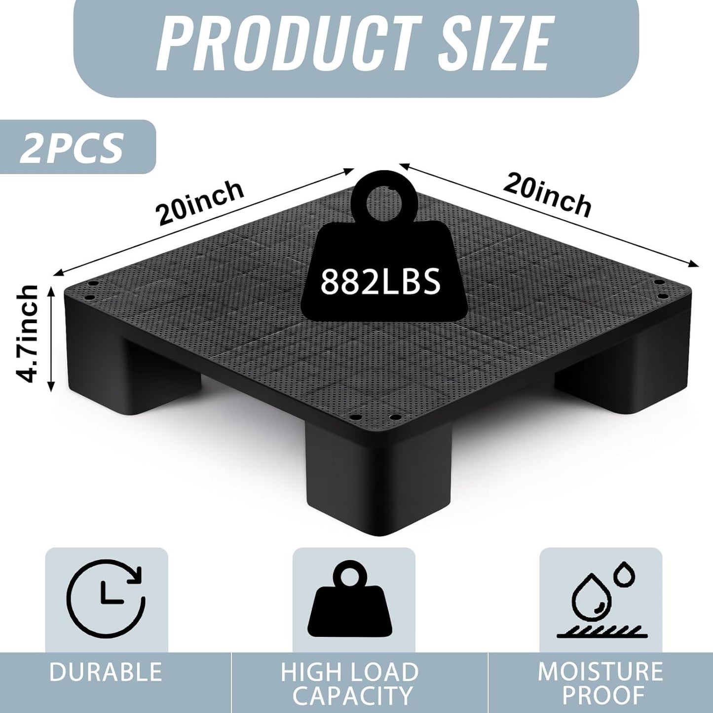 2 Pcs Plastic Pallet for Basement Storage Easy Stack Lightweight Floor Pallet Display Flooring Room Supermarket Christmas, Support up to 2000 Lbs (20'' L X 20'' W X 4.7'' H,Black)