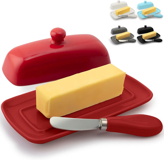 Zulay Kitchen Butter Dish With Lid For Countertop - Porcelain White, Ceramic Butter Dish with Knob Handle Great for Cooking - Elegant Design Butter Holder - Durable & Sturdy Butter Keeper - Red