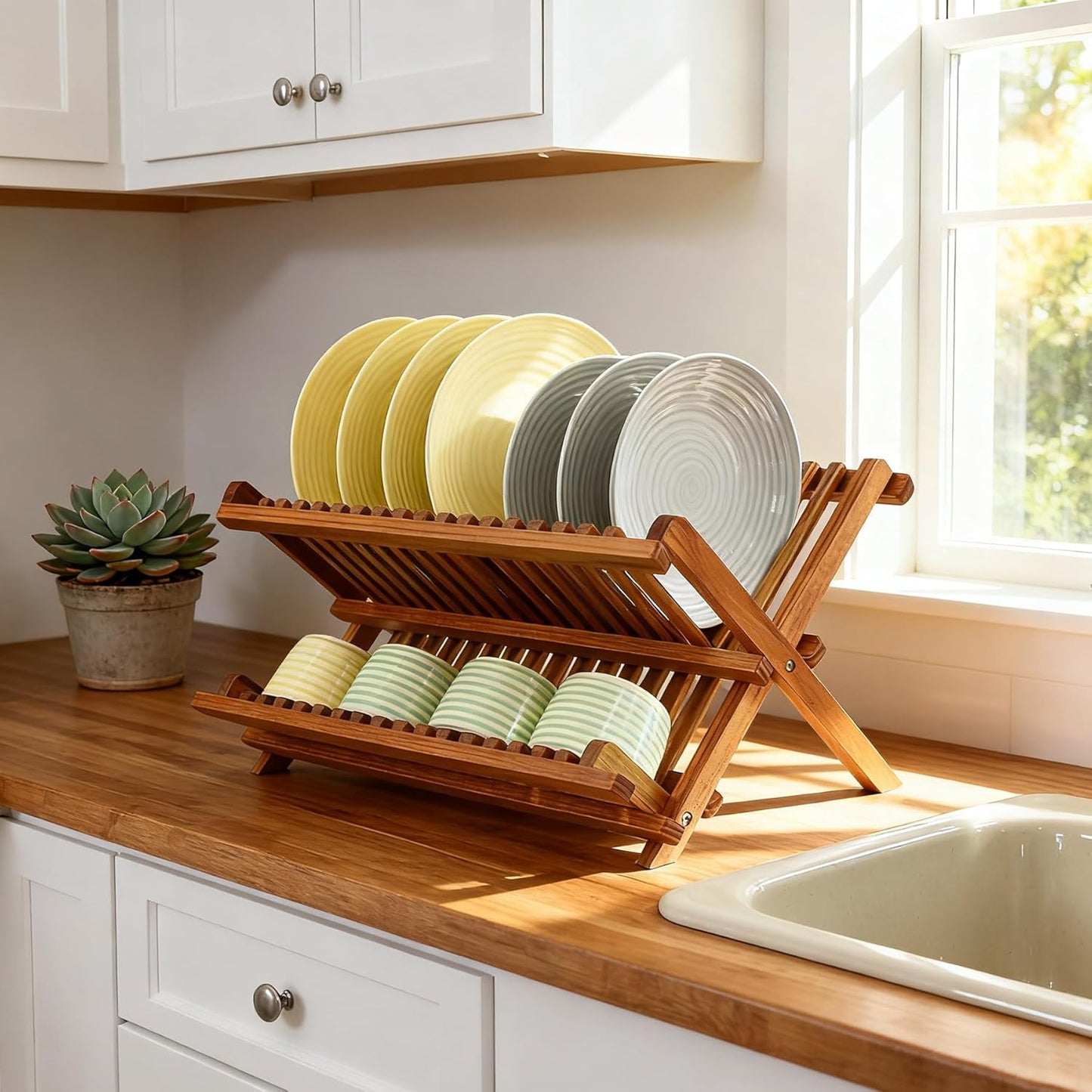 Utoplike Teak Dish Drainer Rack Collapsible 2 Tier Dish Rack Dish Drying Rack Foldable Plate Organizer Holder for Kitchen Compact