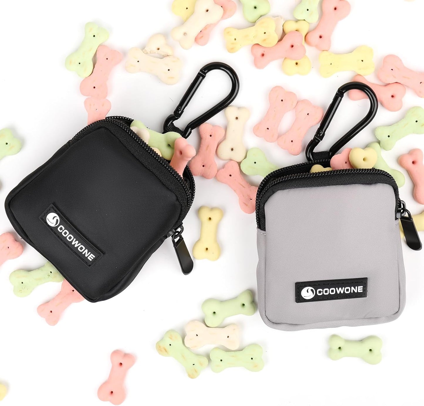 2 PCS Waterproof Small Dog Treat Bag for Leash, Hands Free Dog Walking Bag with Carabiner, Dog Poop Bag Holder for Pet Puppy Travel or Outdoor Use, Zipper Closure to Avoid Spilling