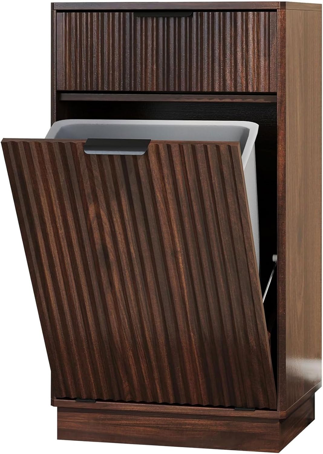Tilt Out Trash Can Cabinet, Hidden Garbage Can Cabinet with Storage Drawers, Wave-Textured Front, 10 Gallon, Walnut