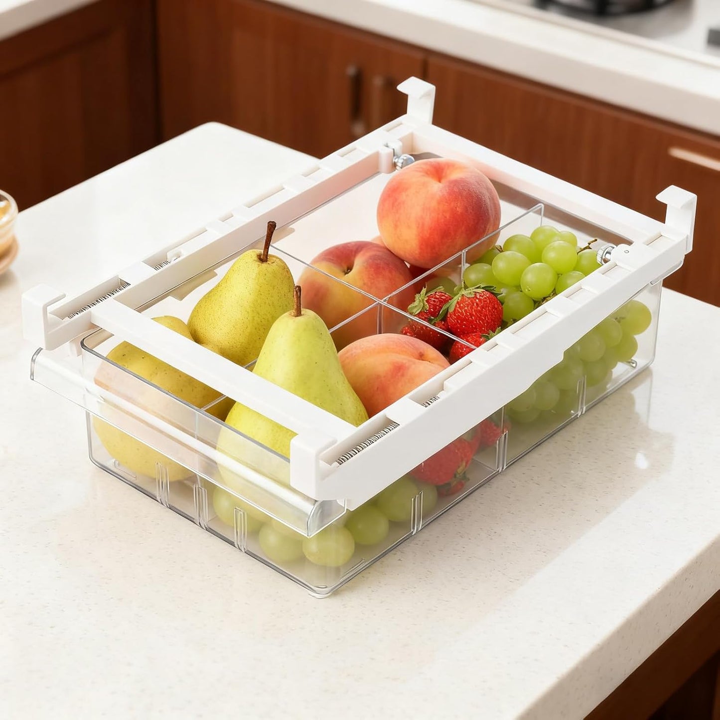 Fridge Drawer Organizer, Refrigerator Organizer Bins, Pull Out with Handle, fridge drawer organizer for Deli Meat, Cheese, Produce and More, Stretchable and Deep Storage (White-2)
