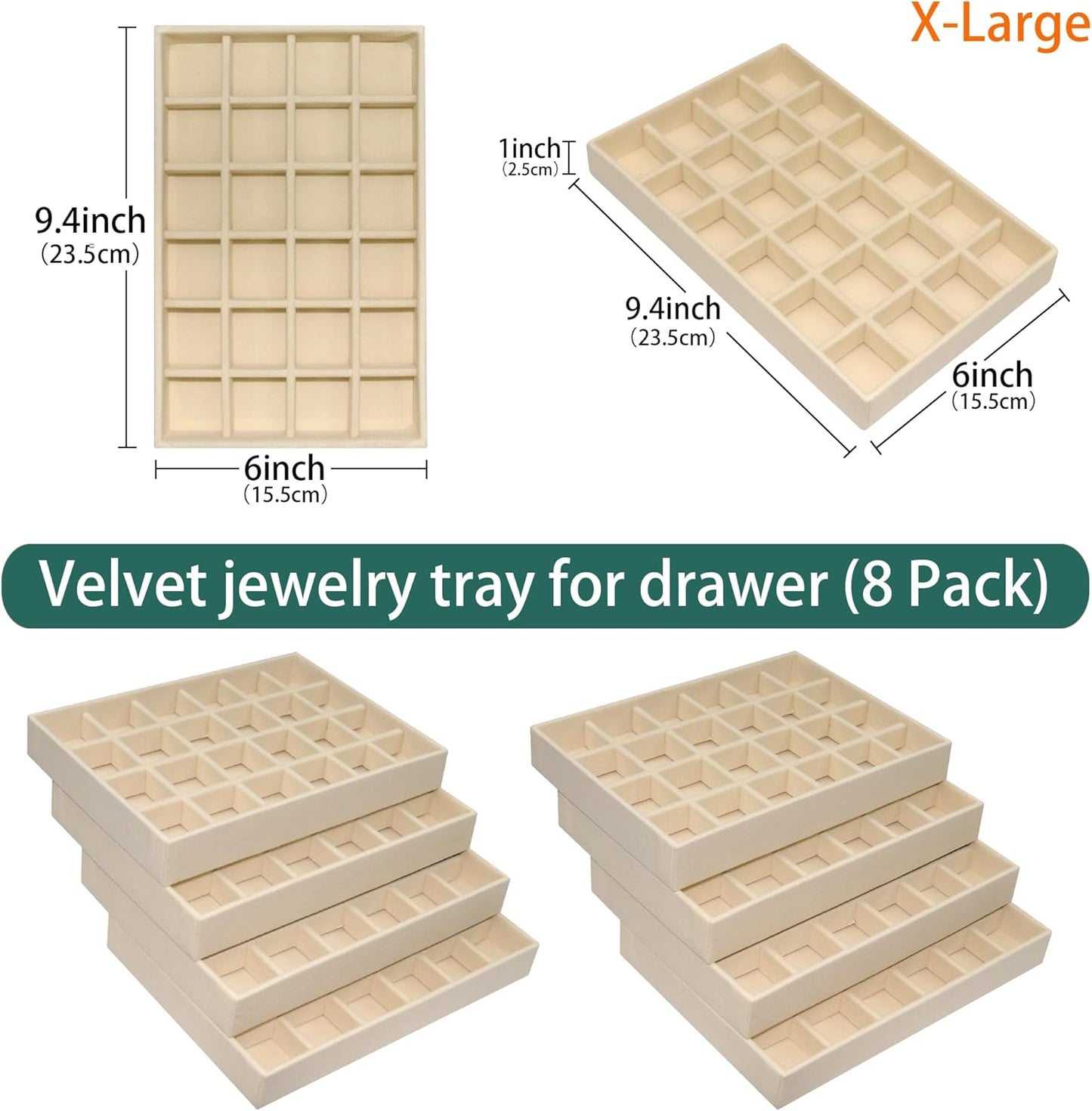24 Grid Stackable Jewelry Organizer Tray Velvet Jewelry Drawer Inserts Earring Organizer for Women Jewelry Display Box Case for Earring Rings Stud Necklaces (Set of 8, Beige