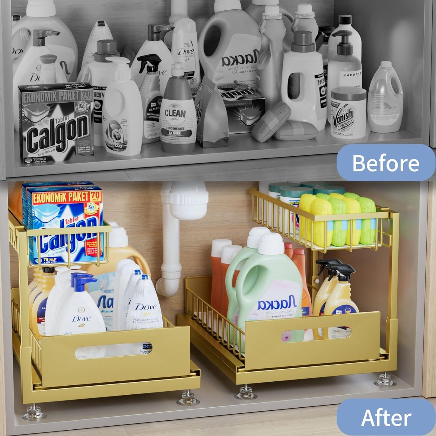 2 Pack Under Sink Organizer Storage 2-Tier Premium Metal Pull-Out Racks, Height Adjustable, Easy Installation | Kitchen & Bathroom Organizers