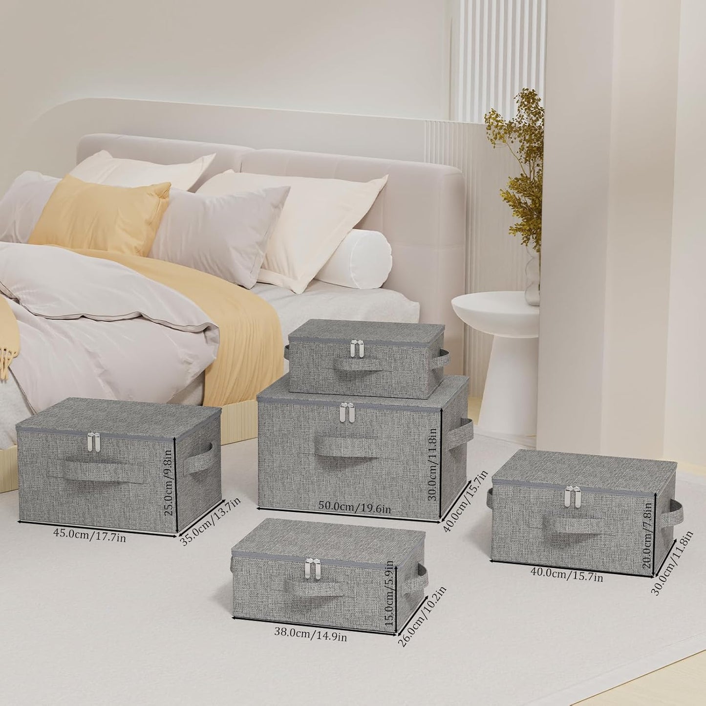 Underbed Storage Box, Foldable Cube Baskets with Lid, Bins for Organizing Clothes, Shoes, Blankets, Pillows, 19.6x15.7x11.8Inches, Grey, 2 Pack