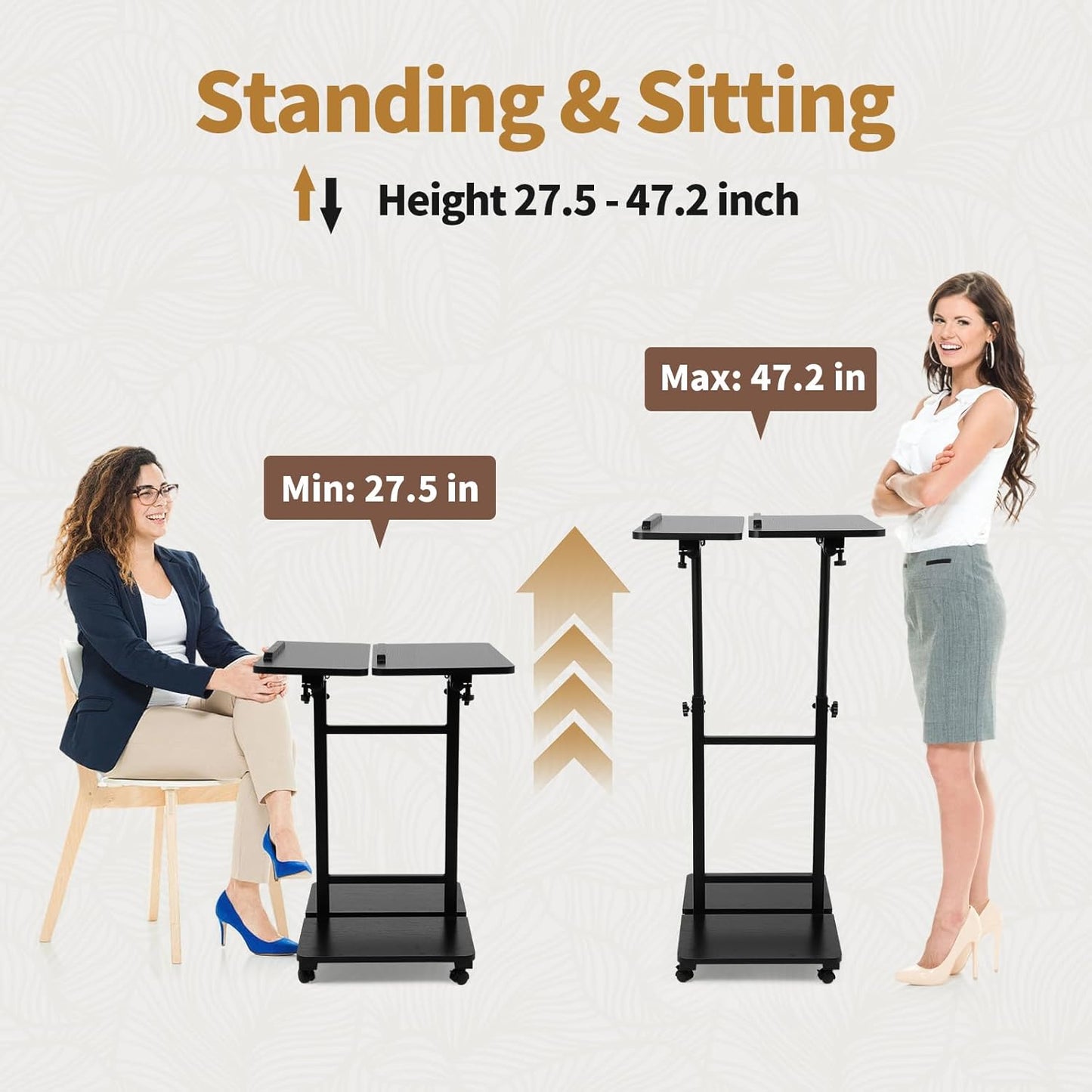 Rolling Desk for Laptop - Standing or Sitting Mobile Computer Cart with Wheels, Adjustable Height & Angle 23.6-inch Surface - Portable Home Office Workstation - Black
