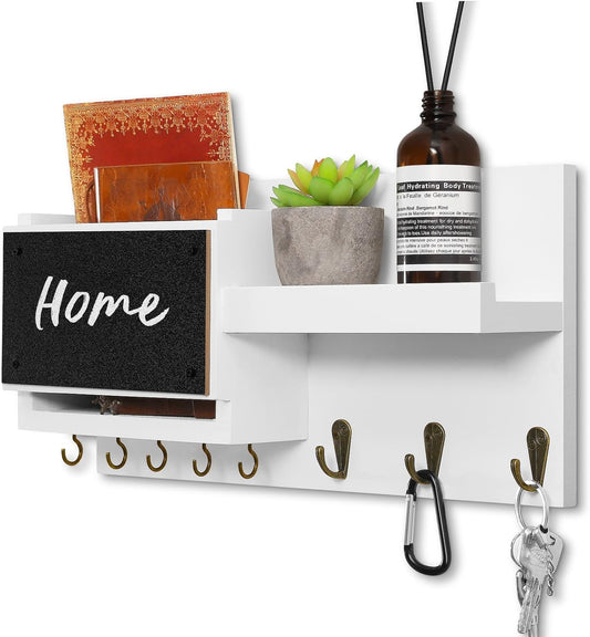 Decorative Key Hanging Rack with 8 Hooks – Easy Install Natural Wooden Key and Mail Holder for Wall Mount – Sunglasses Wallet Holder Entryway Decor with Shelf and Chalkboard (White)