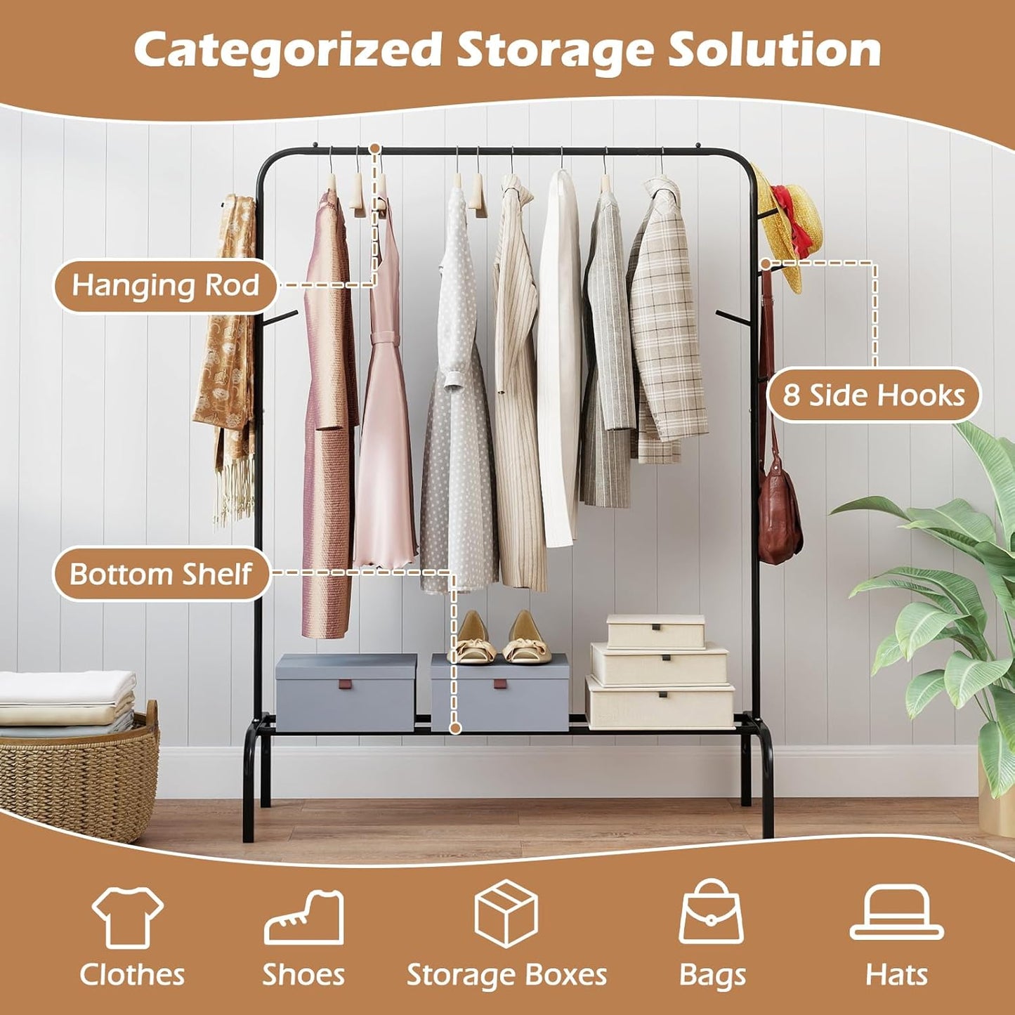 Giantex Clothes Rack for Hanging, 50" Wide Freestanding Garment Rack with Hanging Rod, 8 Hooks & Storage Shelf, Heavy-duty Metal Clothing Racks Wardrobe Organizer for Bedroom, Entryway, Laundry
