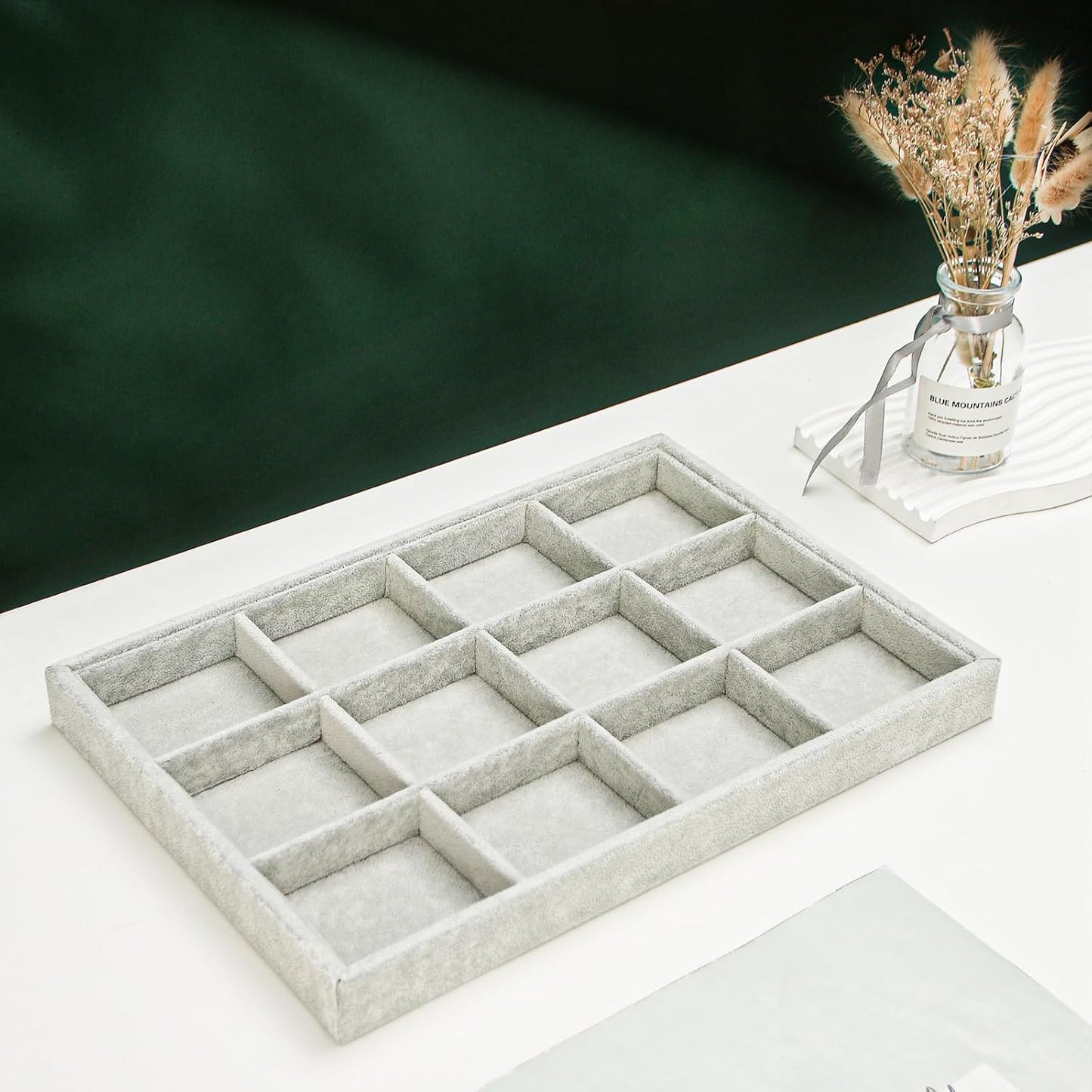 2pcs/Set Velvet Jewelry Tray, 12 Grids Large Storage Tray for Bracelet Bangle Beads Display, Jewellery Organizer Box Tray for Home Drawer or Shop Store Selling Show (Grey Velvet)