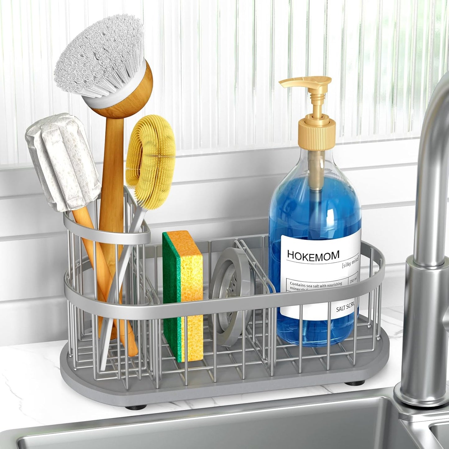 Kitchen Sink Organizer with Sponge Holder & Brush Holder - Drain-Free Non-Slip Base, 2.6mm Stainless Steel with Silver Rust-Resistant Coating - Easy Install & Clean Kitchen Sink Caddy