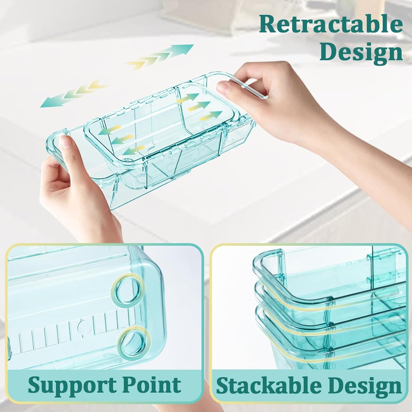14 Pcs Adjustable Clear Drawer Organizer, Extendable Vanity Storage Bins, Desk Drawer Organizer Set for Makeup, Cosmetics, Bedroom, and Gadgets, Blue