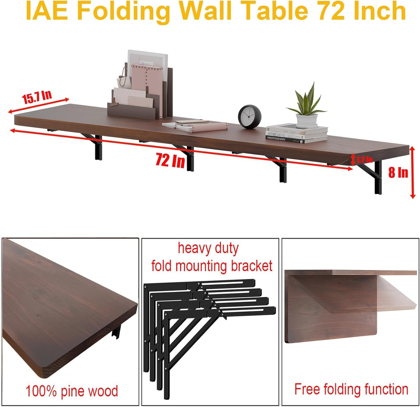 IAE Wall Mounted Folding Table with Pine Wood,72" x 16" Floating Wall Desk,Laundry Folding Table with Shelf Brackets,Fold Down Desk Shelf,Folding Workbench for Home,Dining,Laundry Room,Kitchen,Brown