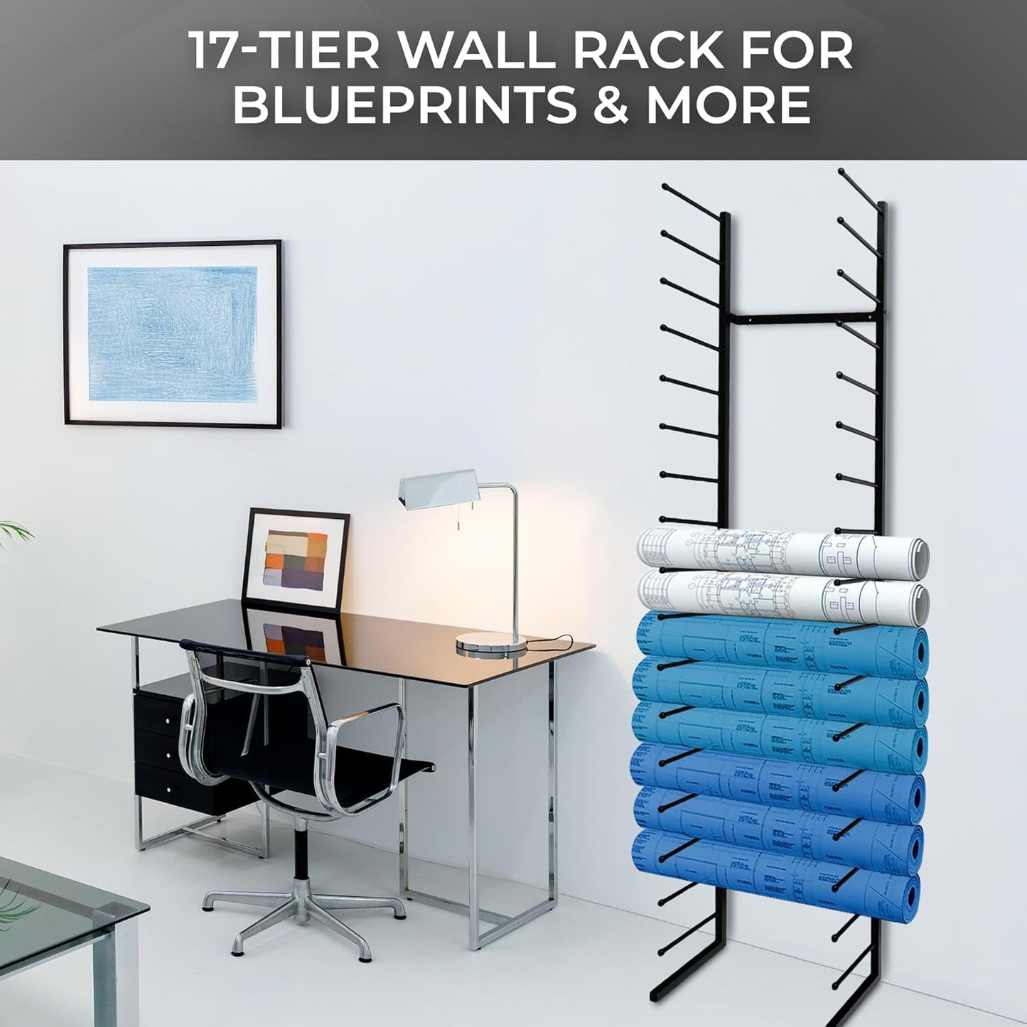 Wall Mount Blueprint Holder Storage Organizer - 34 Slot Blueprint Storage Rack - Blue Print Storage Organizer for Poster Storage, Construction Paper Storage, Map Storage (17 Tiers)