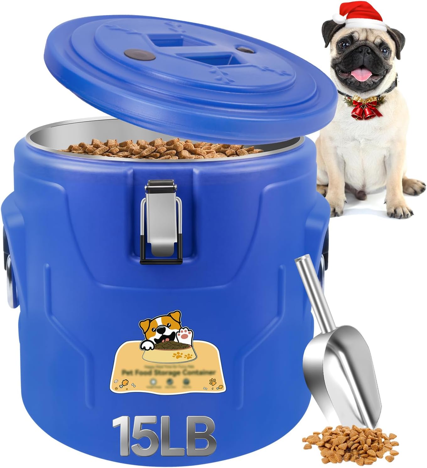 15lb Dog Food Storage Container, Stainless Steel Airtight Pet Food Storage Container and Durable Plastic Food Container, Large Metal Cat Food Container with Lid and Scoop to Keep Fresh