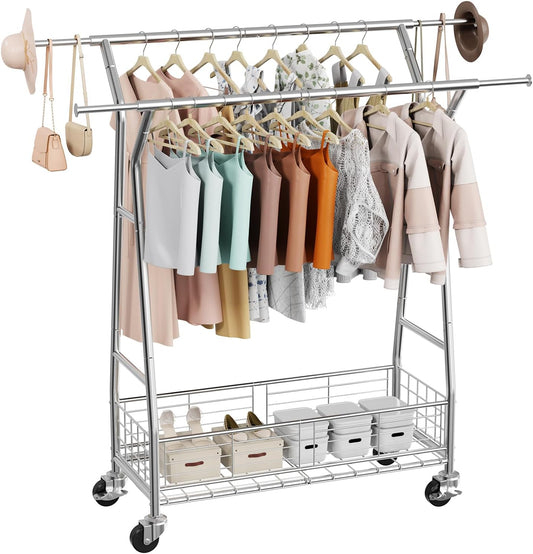VEVOR Clothes Rack, Rolling Clothing Garment Rack, Extendable Carbon Steel Clothing Racks with Wheels for Bedroom, Laundry, Living Room