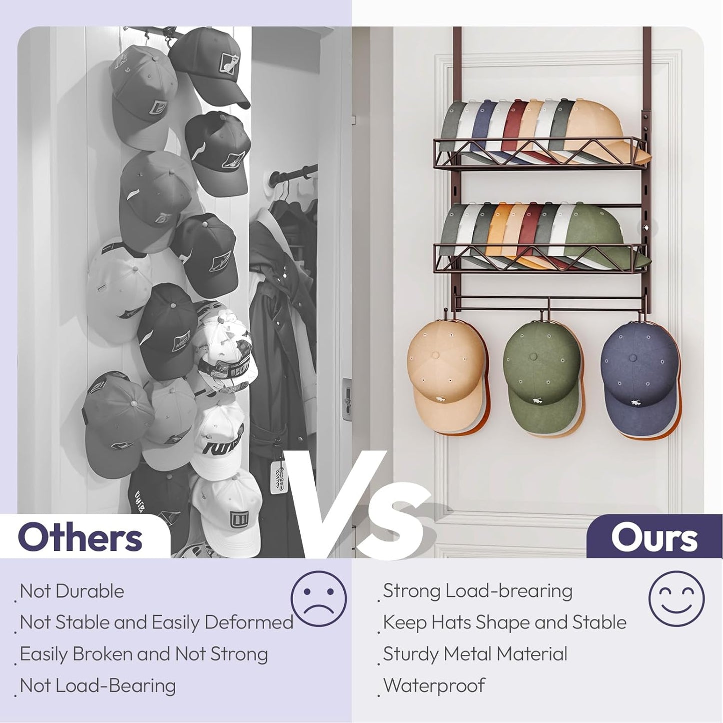 SWTYMIKI Over Door Hat Organizer - 3 Tier Wall Mounted Hat Rack with 2 Adjustable Metal Basket and 3 Hooks, Hanging Baseball Cap Organizer Storage Holds up to 29 Caps for Door, Bedroom, Closet
