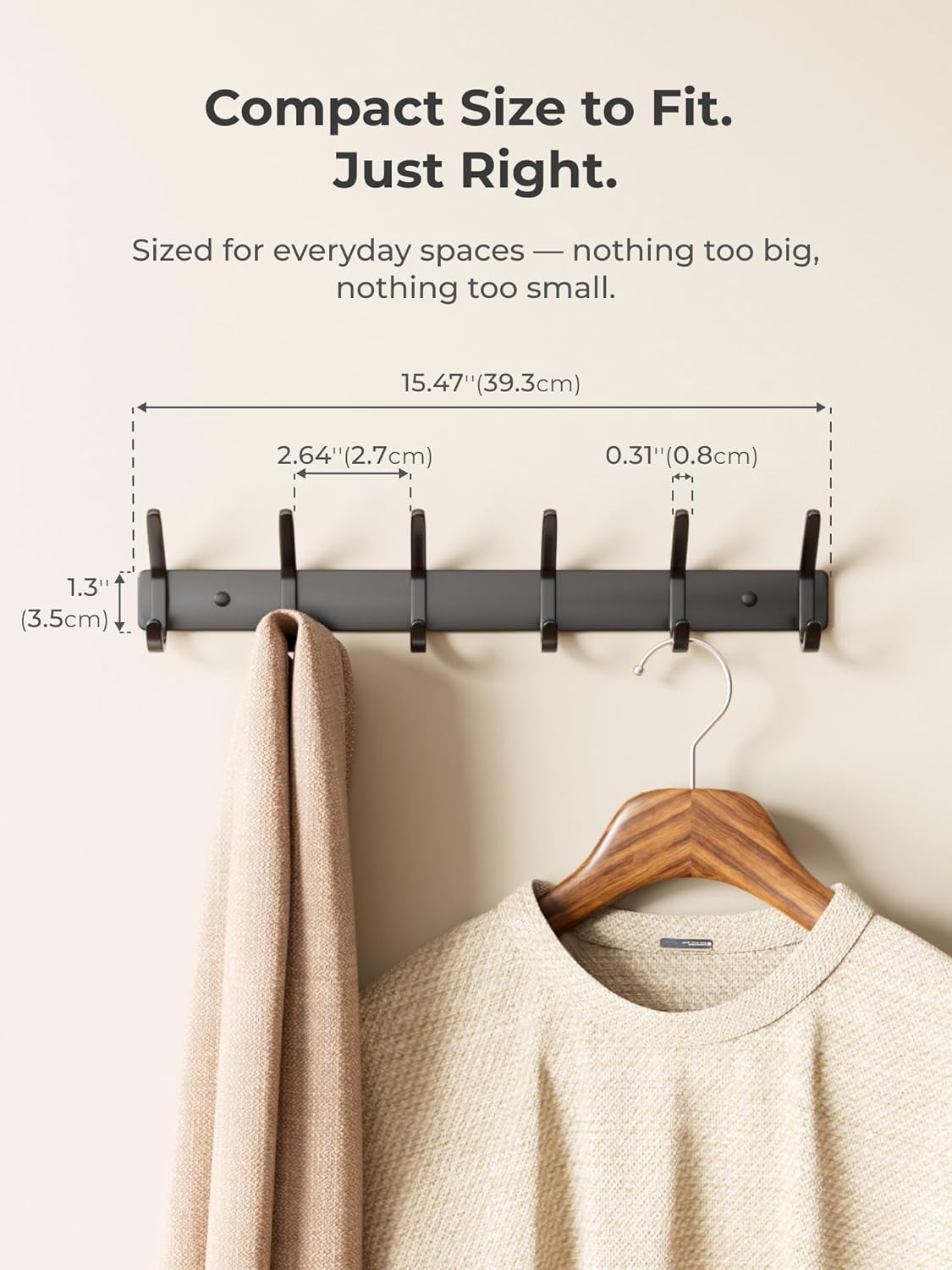 Coat Rack Wall Mount Hooks - 15 Inch Matte Black Metal 6-Hook Organizer Wall Mounted, Modern Kids Room, Entryway & Bathroom Hanger for Beach Towels, Coats, Purses, Bags (2 Pack)