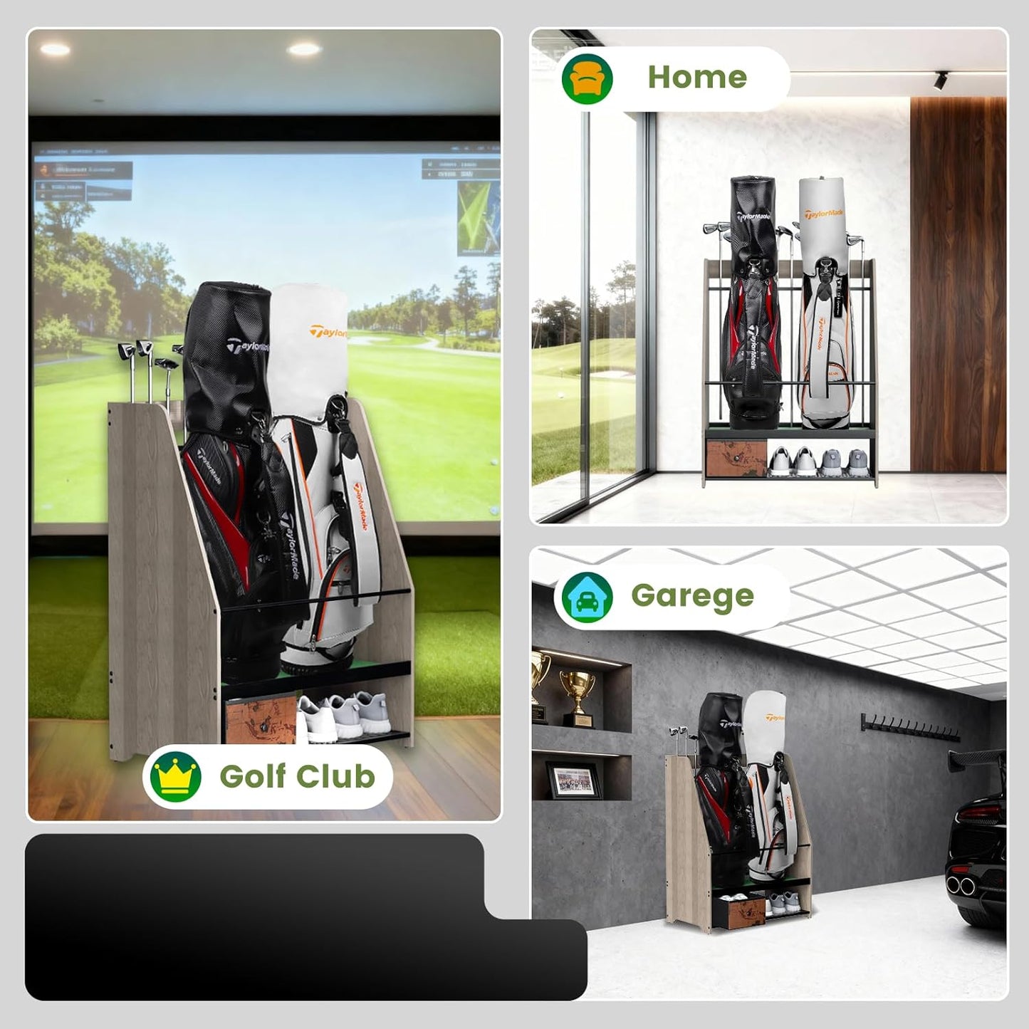 Golf Bag Organizer Rack – Large Wooden Golf Storage for 2 Bags, Clubs & Accessories with Dustproof Drawer, Sports Equipment Rack for Garage, Practice Room, Home or Office (Black)