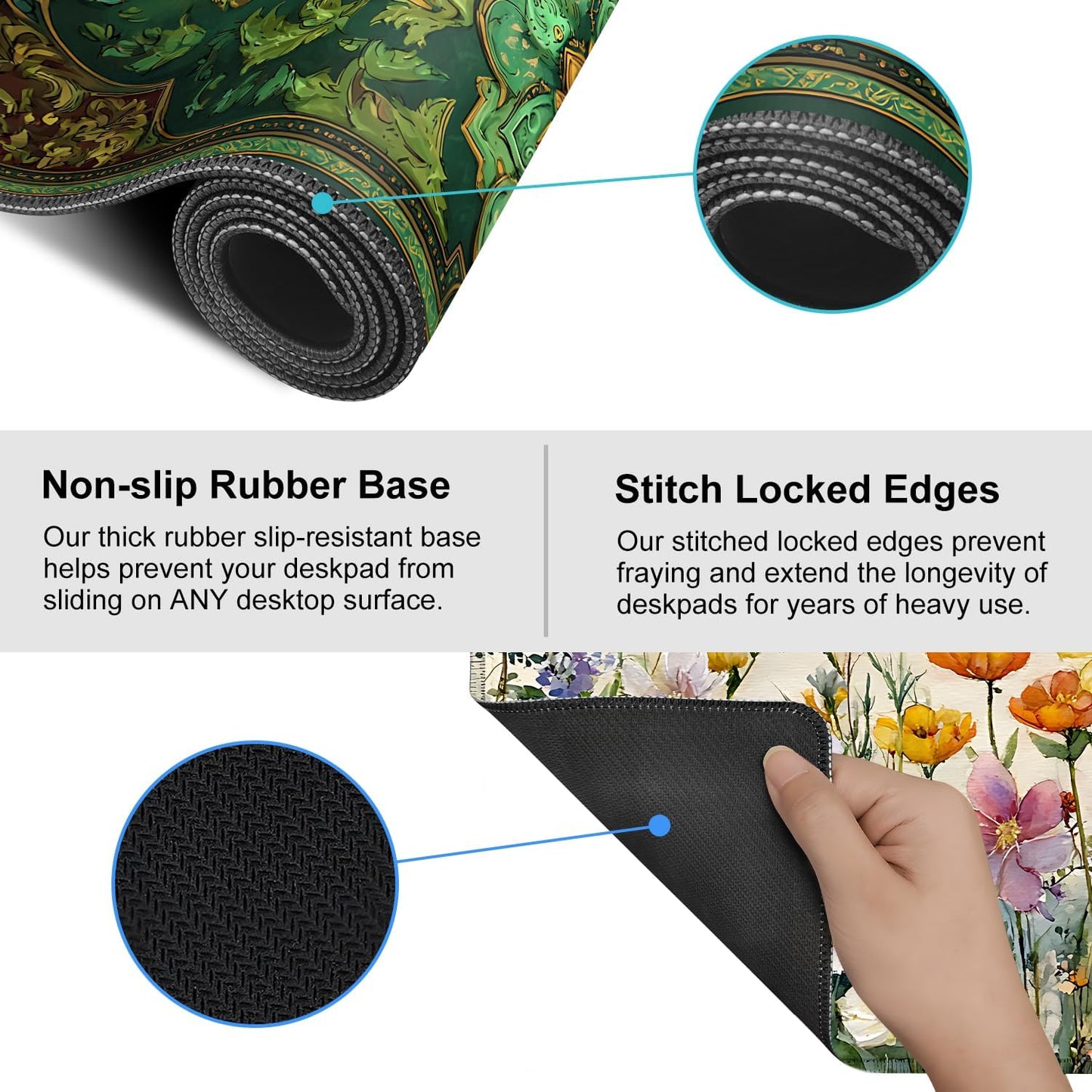 Green Vintage Floral Mouse Pad – Large Extended Desk Mat 35.43 x 15.75 in – Ornate Oriental Carpet Design with Gold & Emerald Motif, Waterproof Surface,Keyboard & Mouse Pad for Office & Home