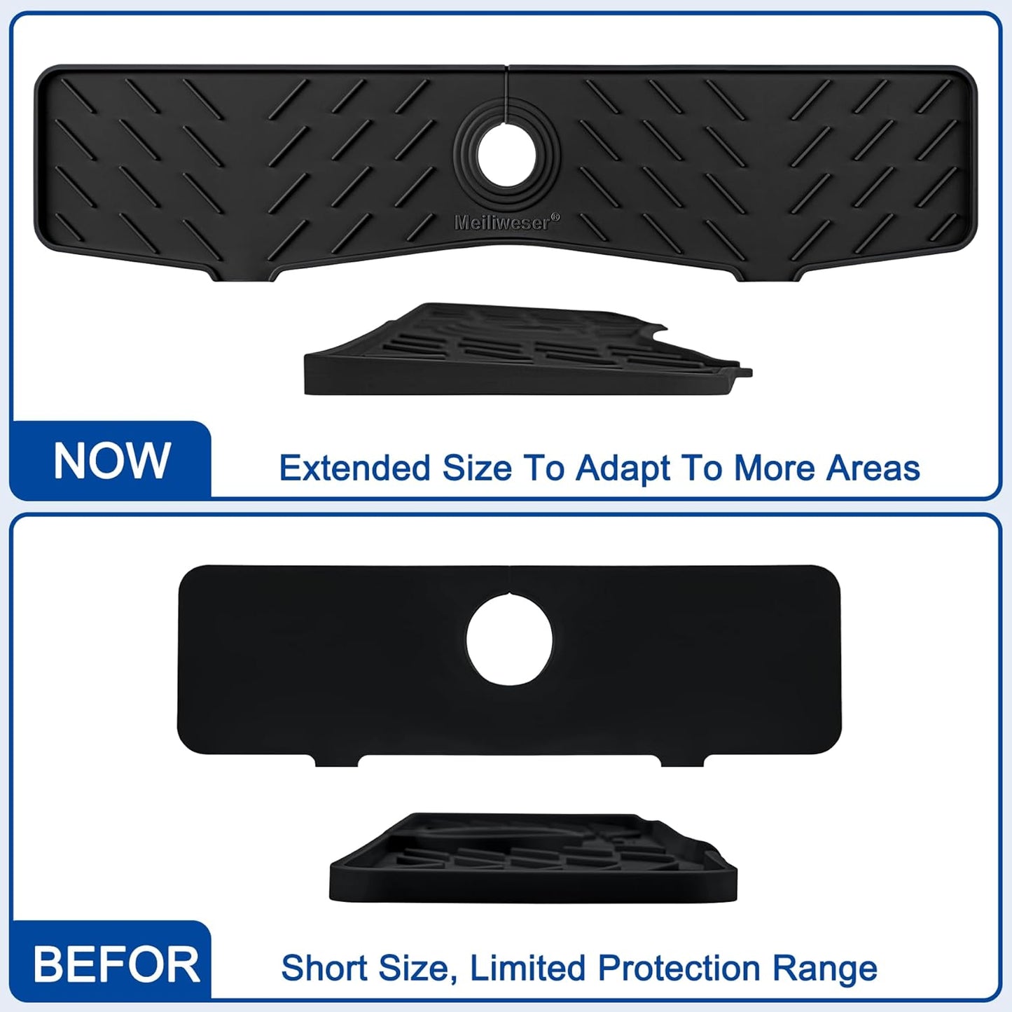 Meiliweser Faucet Mat for Kitchen Sink – 24” x 5.1” Extra-Long Silicone Splash Guard with 10° Slope & Upgraded Drainage – Gen 3 Sink Water Catcher & Sponge Holder for Kitchen, Bathroom (Black)