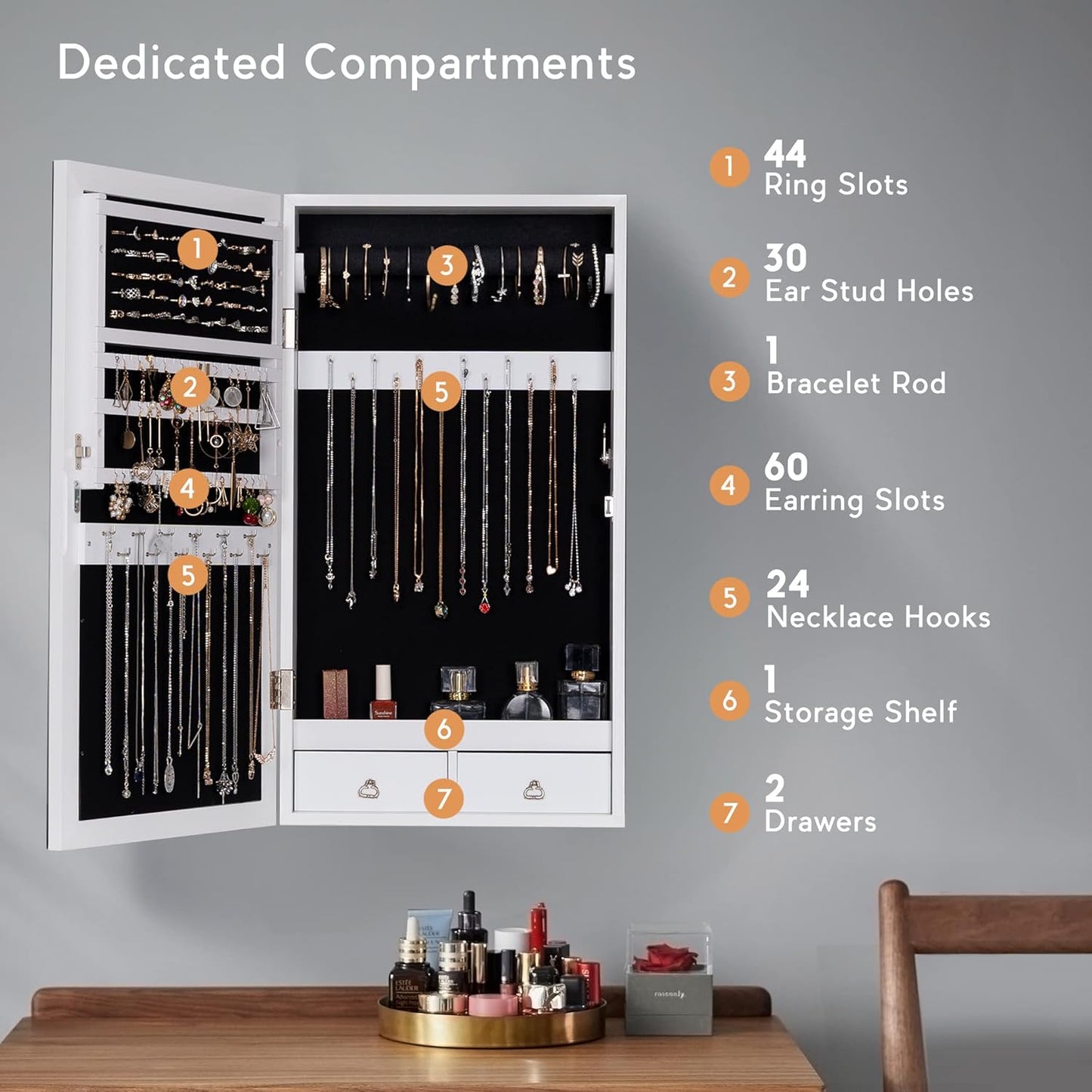 LAVIEVERT Jewelry Armoire with LED Lighted Mirror, Wall/Door Mounted Frameless Mirror with 3 Color Lights, Lockable Jewelry Cabinet Hanging Jewelry Organizer with 2 Drawers - White