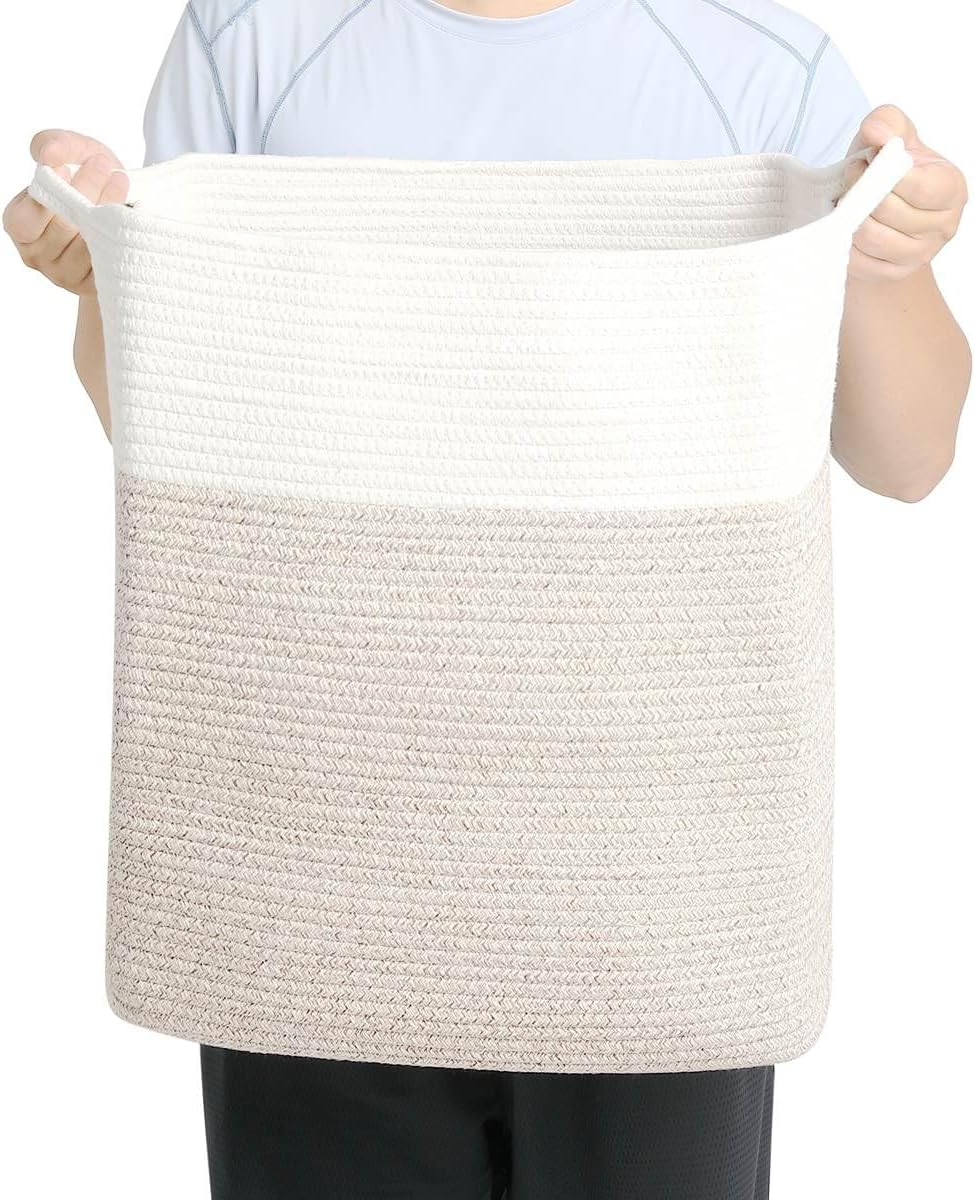 Tall Laundry Basket With Handles,Woven Cotton Rope Big Laundry Hamper Sorters,Versatile Storage for Dirty Clothes,Baby Toys,and Blankets in Bathroom, Nursery,and Living Room (White Brown, 80L)