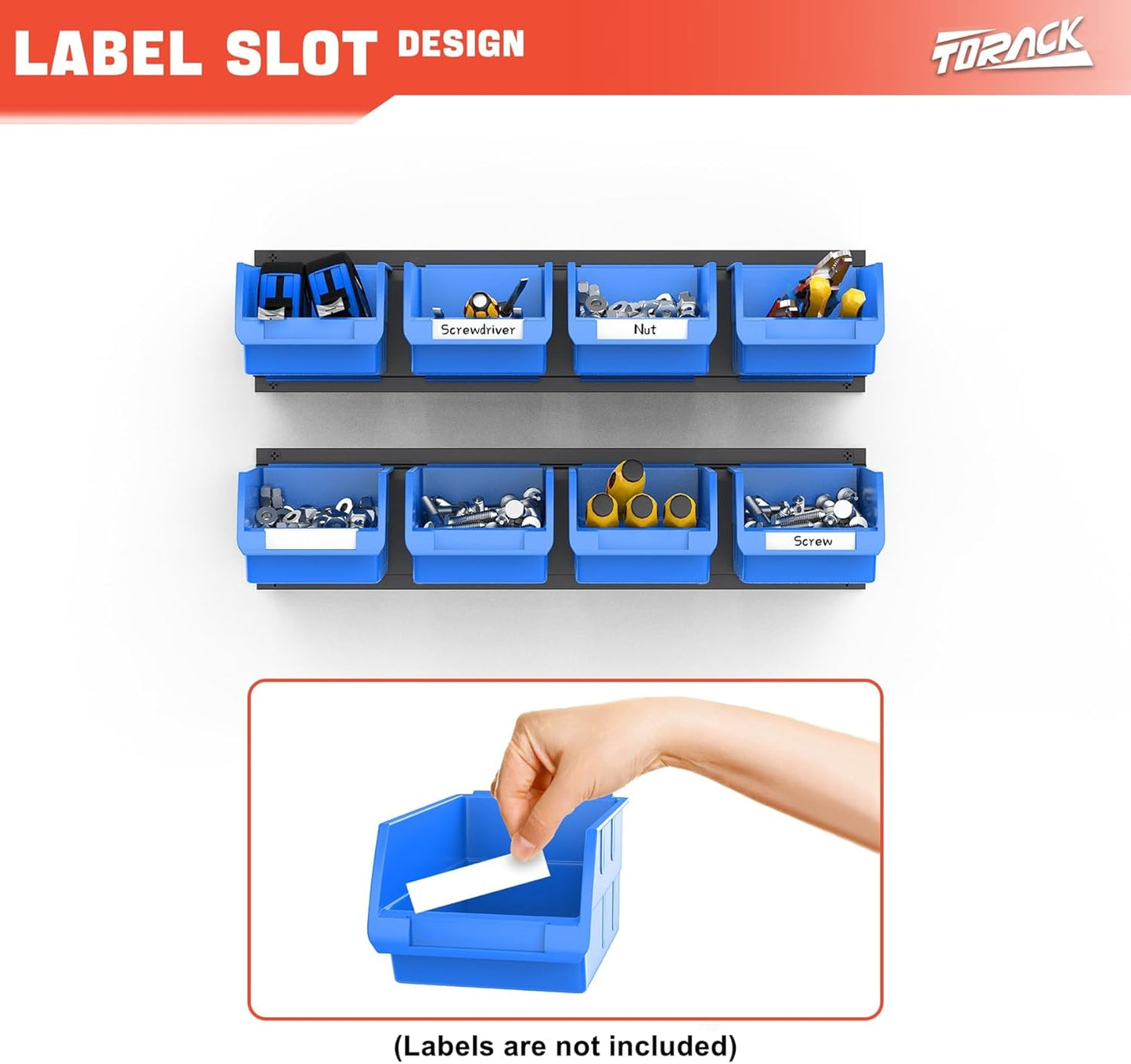TORACK Wall-Mounted Storage Bins - 8 Plastic Bins & 2 Metal Tracks for Tools Organization in Garage, Craft Room, and Shop(Blue)