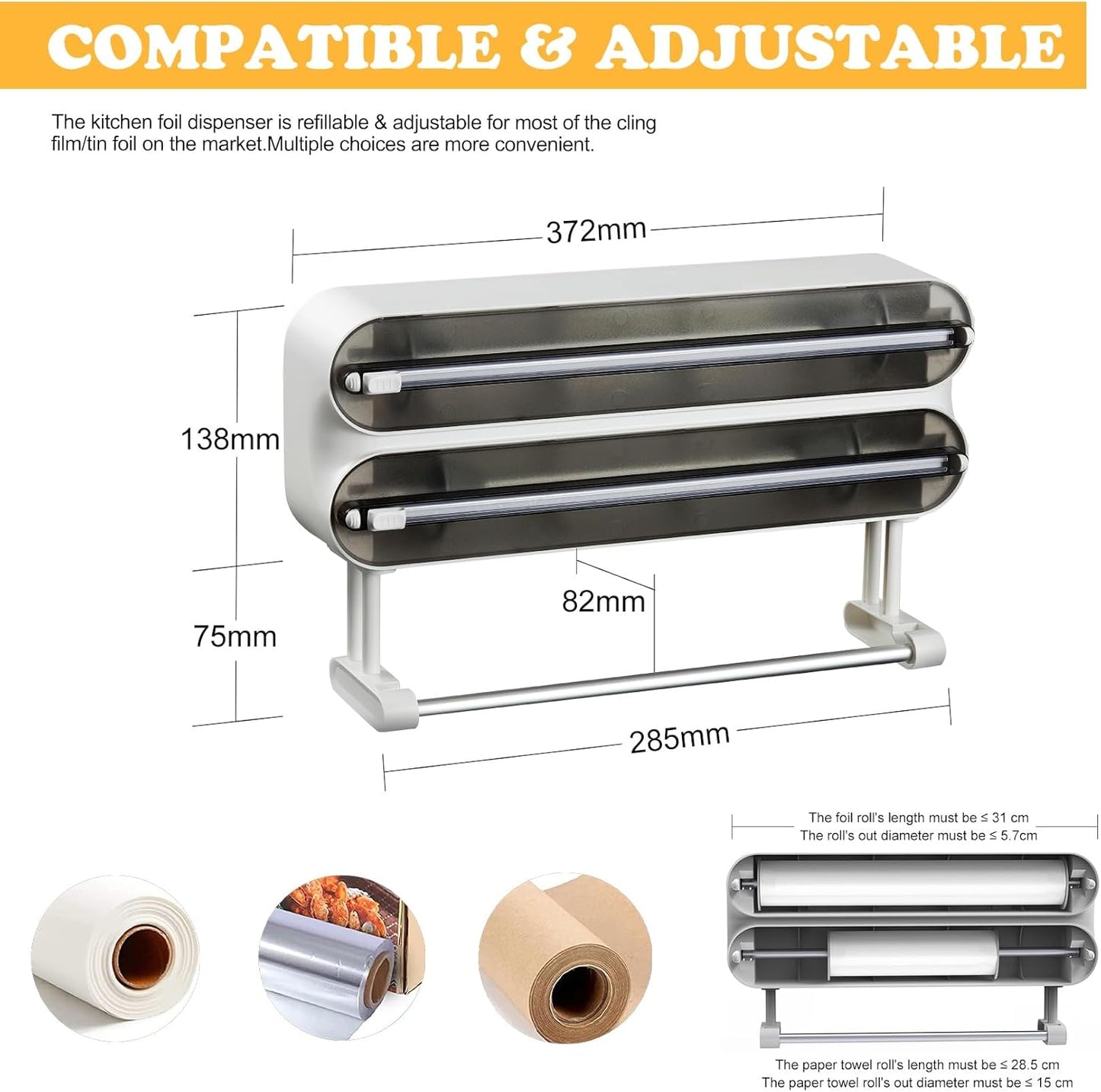Magnetic Plastic Wrap Dispenser with Cutter - Refillable Tin Foil and Plastic Wrap Organizer for Kitchen, Aluminum Foil Dispenser with Paper Towel Holder Wall Mount - Fits 12" Roll, White