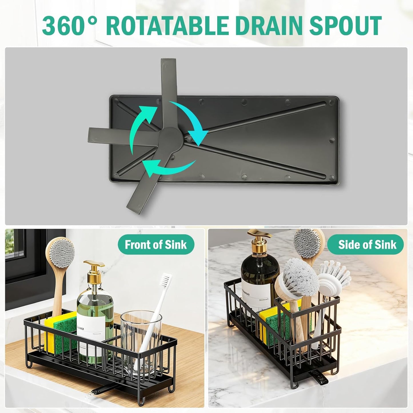 2 Pack Sponge Holder for Kitchen Sink, Sink Caddy Organizer with High Brush Holder & Auto-Drain Tray, Stainless Steel Countertop Storage for Soap Dispenser & Dish Brush, Fast Local Shipping