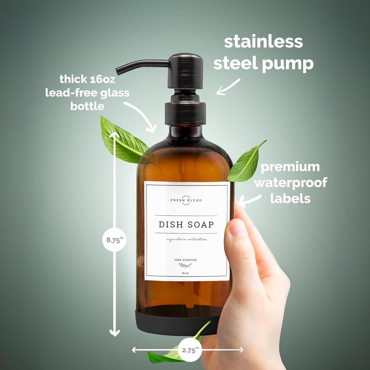 Vine Creations Amber Glass Soap Dispenser, 2 Pack Kitchen Soap Dispenser Set with Stainless Steel Pump, 16 oz Dish Soap and Hand Soap Dispensers for Bathroom with Waterproof Labels