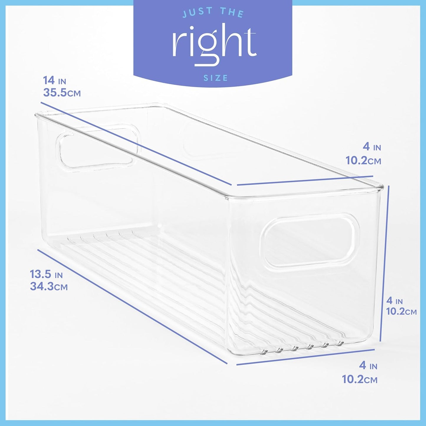 primebox Plastic Food Storage 2 Pack Clear Container Bin with Handles for Organizing Kitchen, Pantry, Refrigerator, Freezer, Pantry, Cabinet, Closet, Bathroom. 14”X4”x4”